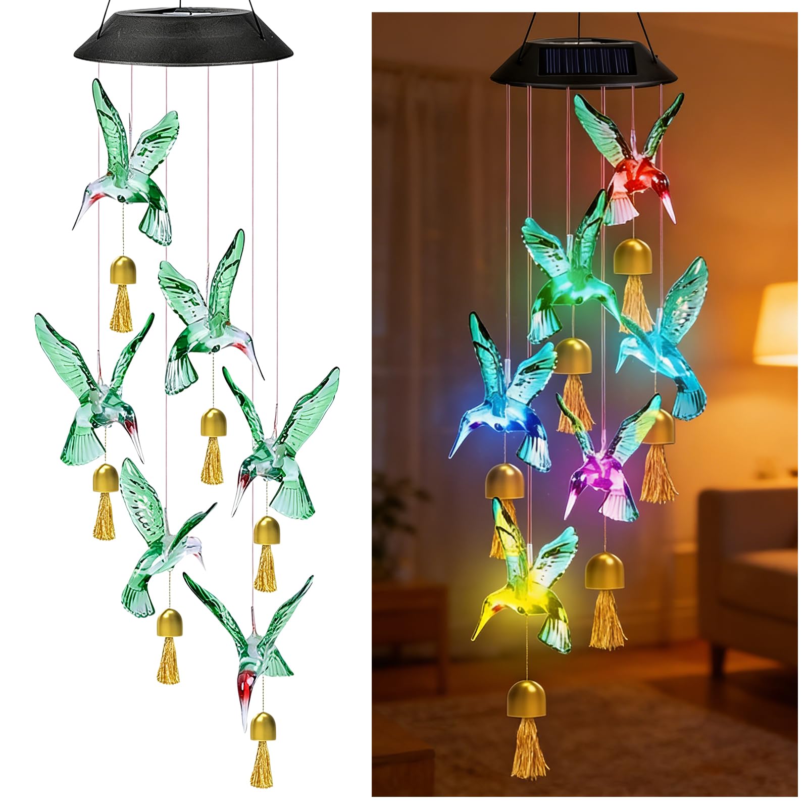 Scacciapensieri da giardino a LED solare, in metallo, per esterni, da appendere, set da 2 campanelli a vento a energia solare, da giardino, con design a colibrì, cambia colore, impermeabile, per