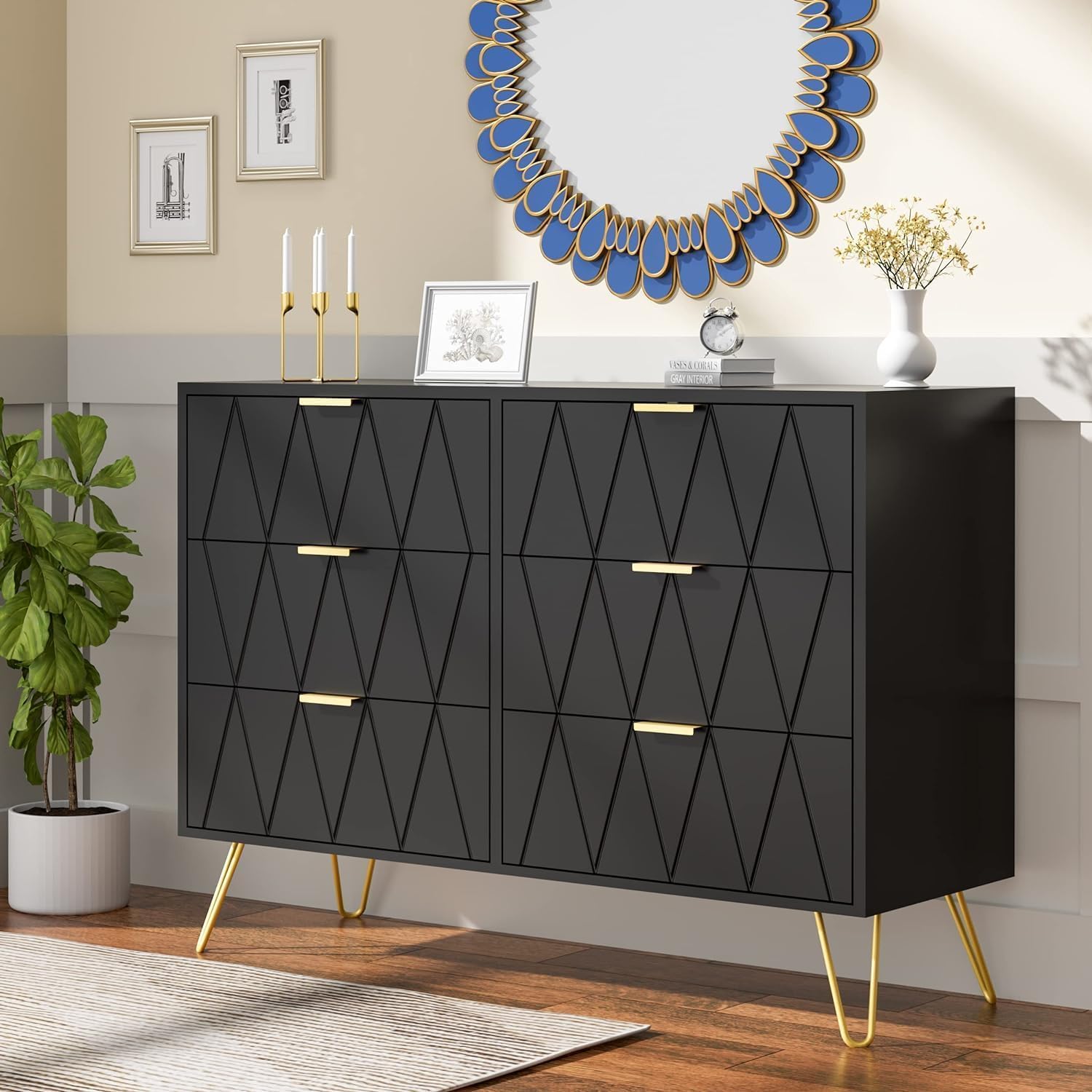 UEV Schlafzimmer Komplett-Set in schwarz, 3er-Set Schlafzimmermöbel, Kommode mit 6 Schubladen und 2er-Set Nachttisch, Goldene Griffe und Füße, Linienmuster, Skandinavisch für Wohnzimmer, Schlafzimmer