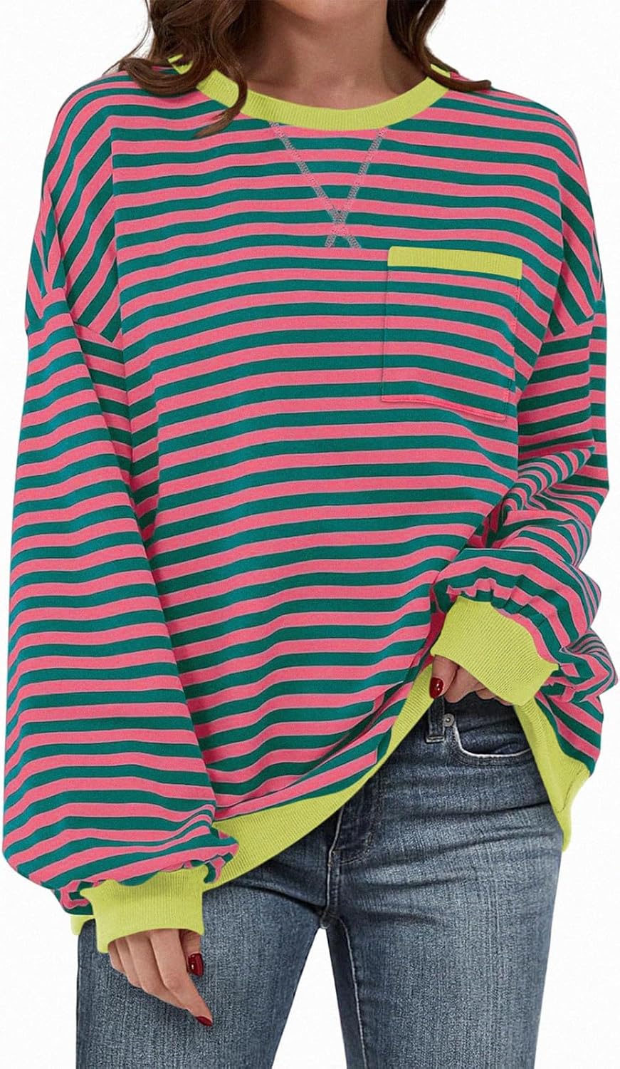 TARSE Oversized Crewneck Sweatshirt for Women Dropped Shoulders Striped Shirt Plain Pullover Ladies Loose Long Sleeve Tops