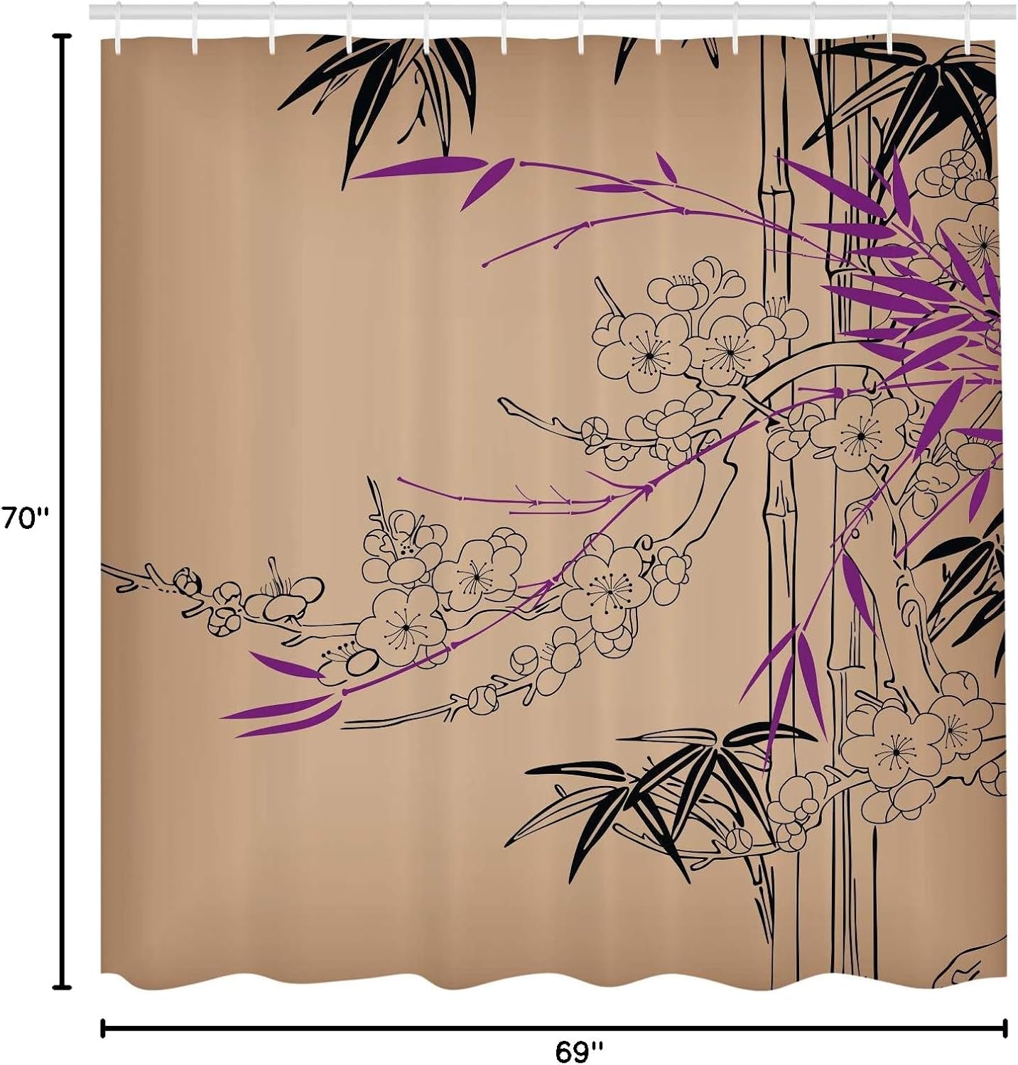 Ambesonne Asian Print Shower Curtain, Eastern Nature Theme Outline Look Blooming Branches and Flowers Illustration, Cloth Fabric Bathroom Decor Set with Hooks, 69" W x 70" L, Beige Fuchsia