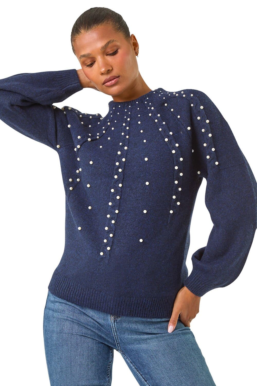 Roman Women's Midnight Faux Pearl Cable Knit Jumper In Size 14