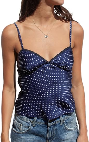 Women Y2k Polka Dot Tank Top Spaghetti Strap Lace Trim Coquette Camisole Backless Fitted Crop Cami Going Out Top