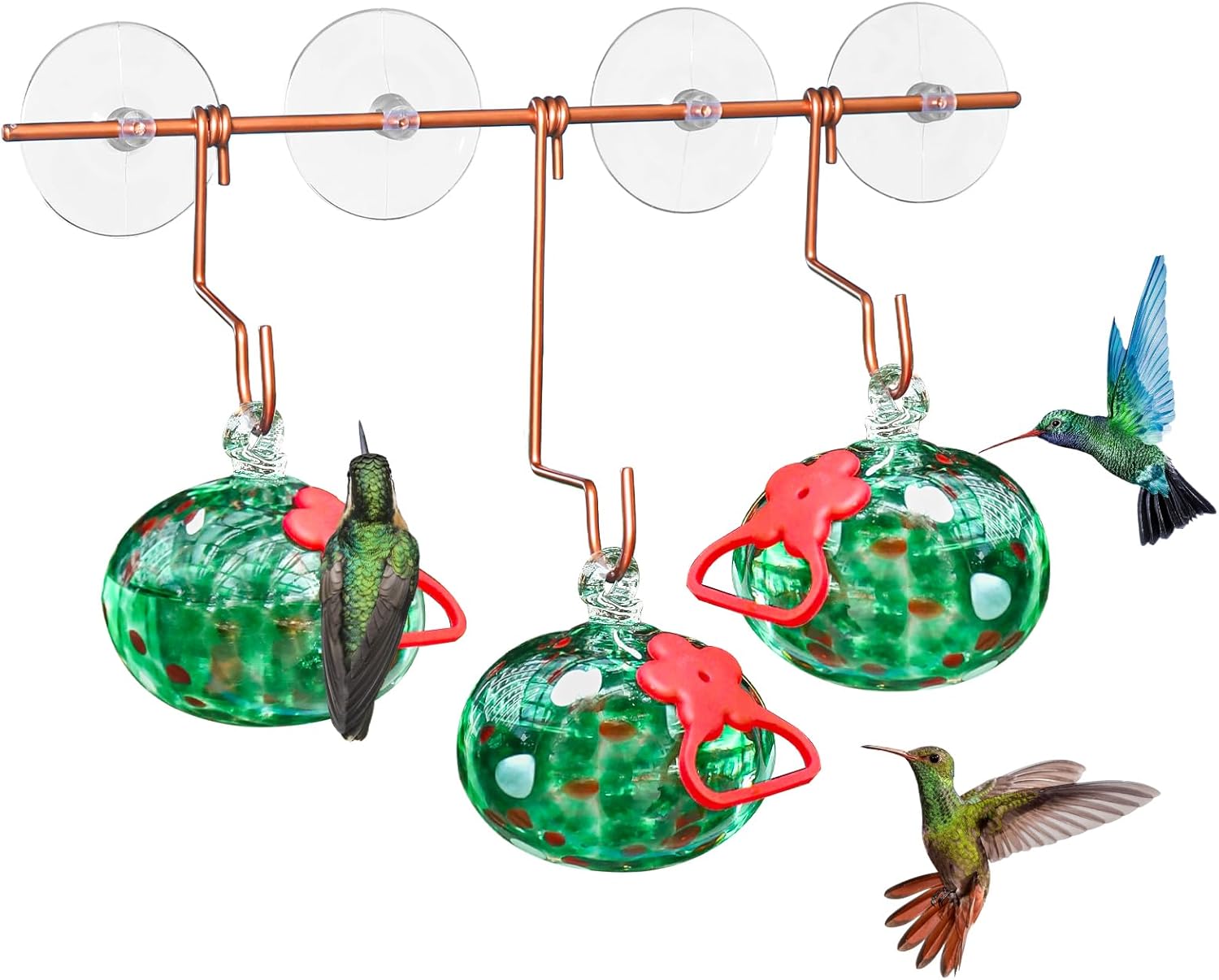 Window Hummingbird Feeder with Suction Cups,Hand-Blown Glass Hummingbird Feeders for Outdoors Window Mounted with Metal Hook,Close Bird Watching,Finch in Garden,Yard(Green)