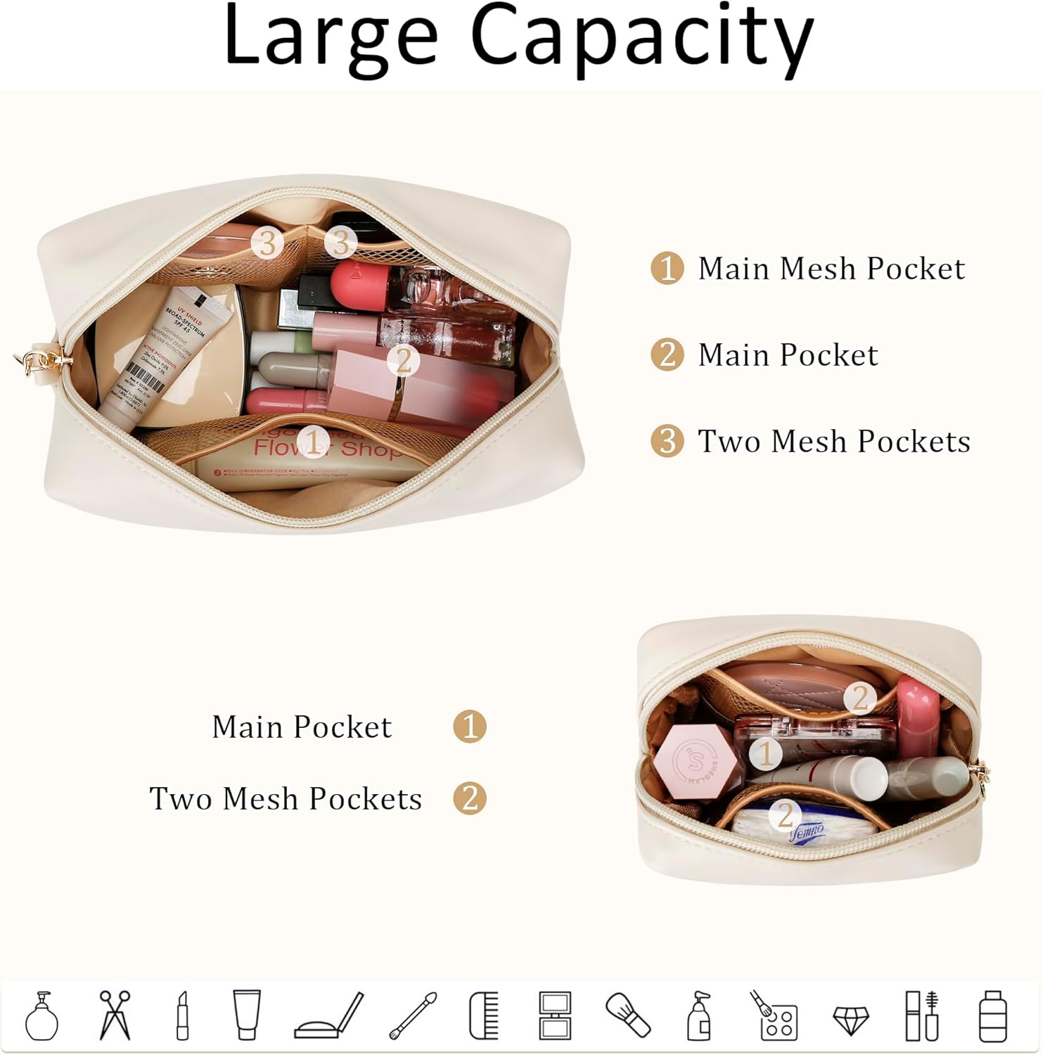 Personalized Birthday Gifts for Women - Initial Makeup Bag Set Travel Toiletry Bag Cosmetic Bags Soft Waterproof PU Leather Makeup Pouch Travel Essentials (Beige,R) - Image 3