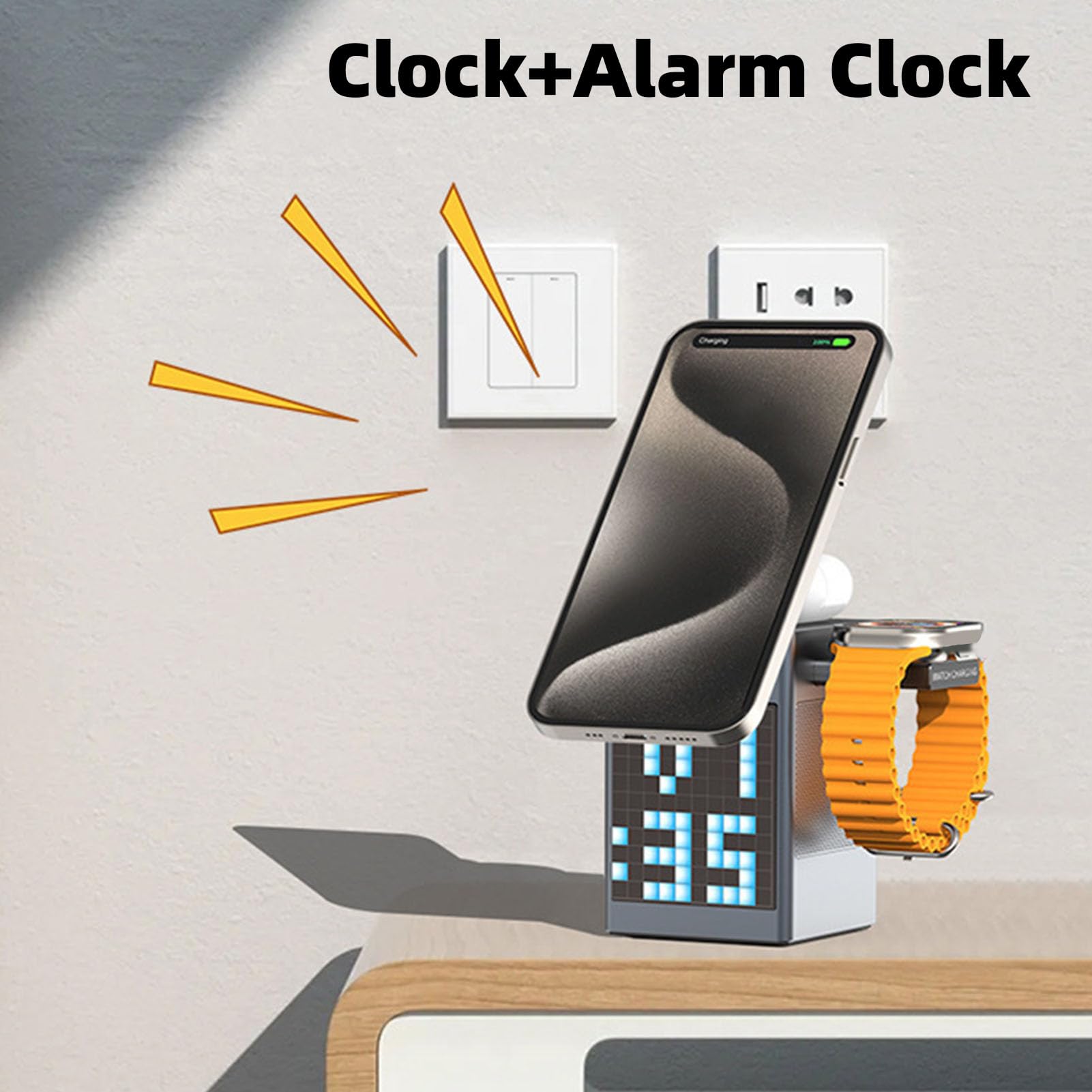 Station de Chargement sans Fil 6 en 1 pour avec Haut-Parleur Bluetooth, Affichage Pixel, Réveil, Chargeur sans Fil pour écouteurs de Montre de Téléphone, Station de Chargement