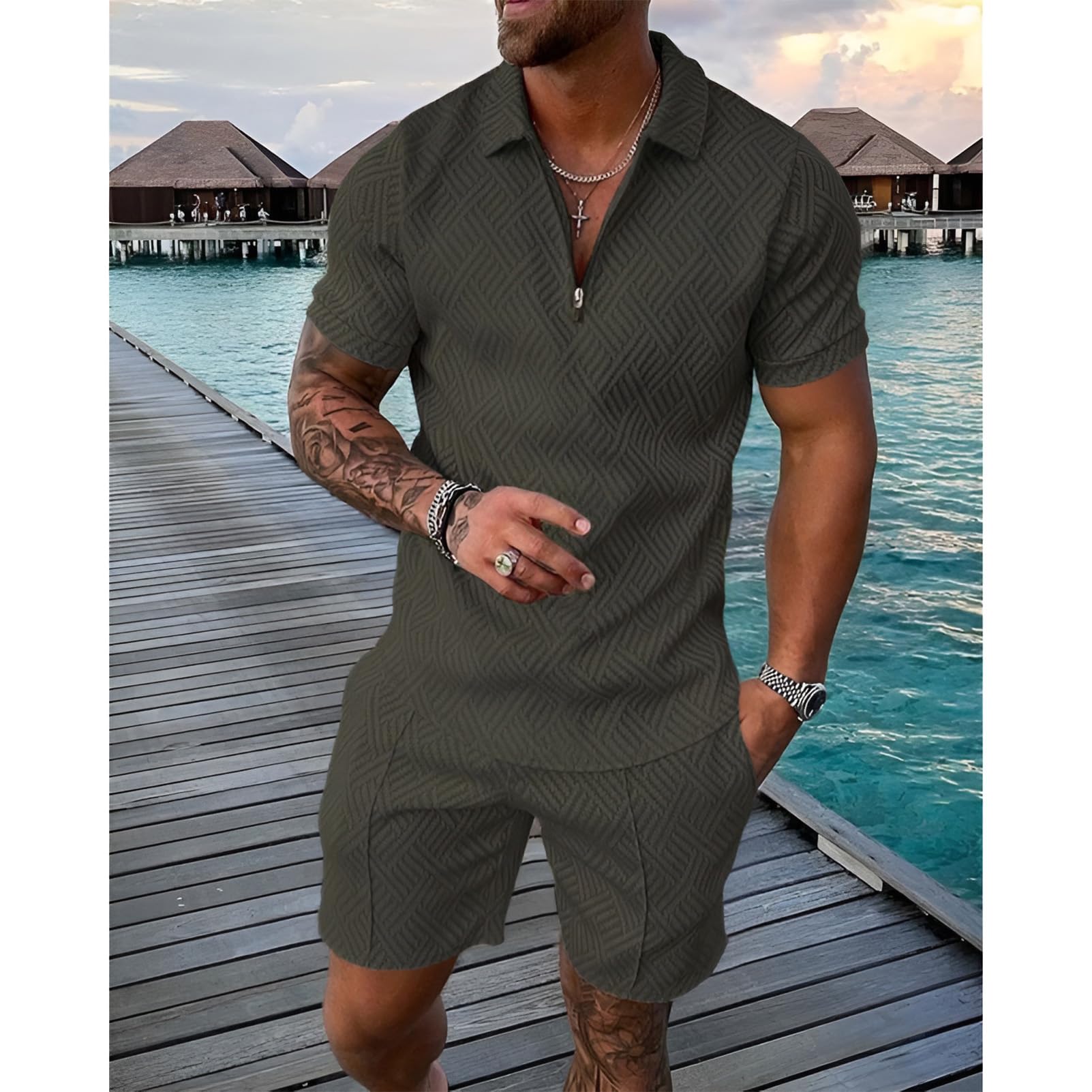 amropi Chándal Deportivo para Hombre Cremallera Camiseta y Pantalones Cortos 2 Piezas Verano Conjunto