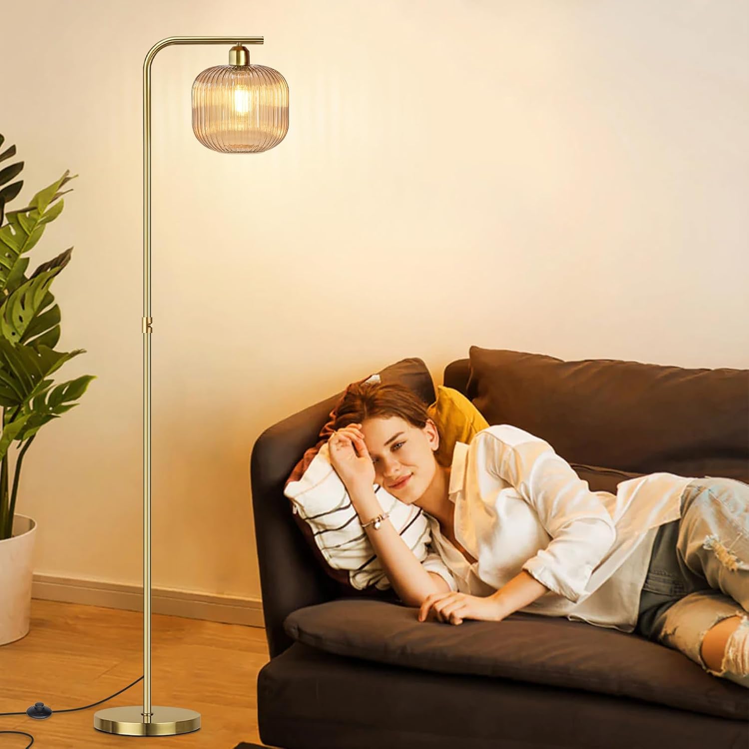 Glass Floor Lamp for Living Room, Mid Century Modern Dimmable Floor Lamp with Amber Glass Shade and Pedal Switch, 67" Tall Vintage Gold Standing Lamp for Bedroom Study Room