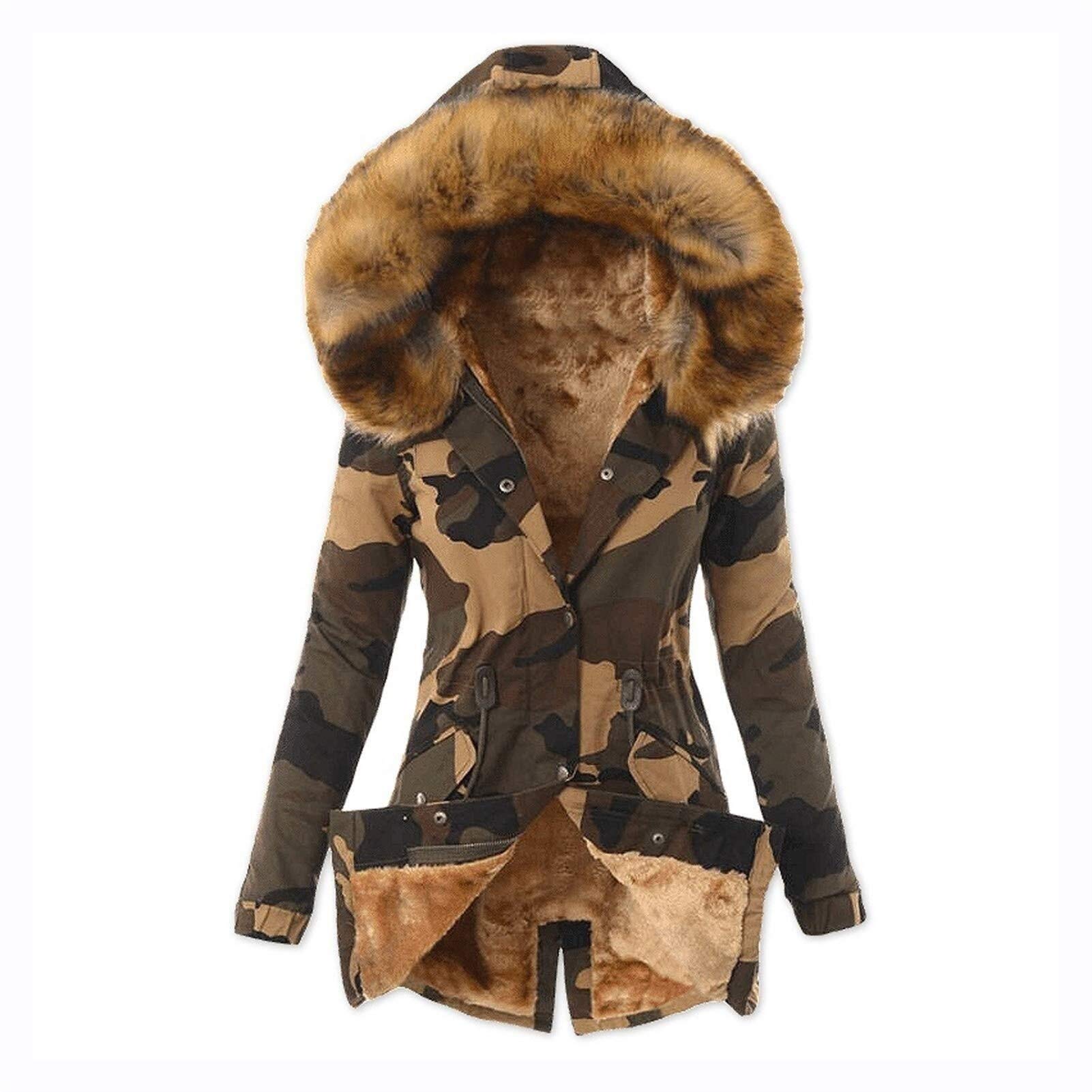 PoJuLadies Winter Coat Winter Parka with Fur Hood Elegant Warm Lined Thick Slim Long Winter Parka Jacket (Color : Khaki, Size : XX-Large)