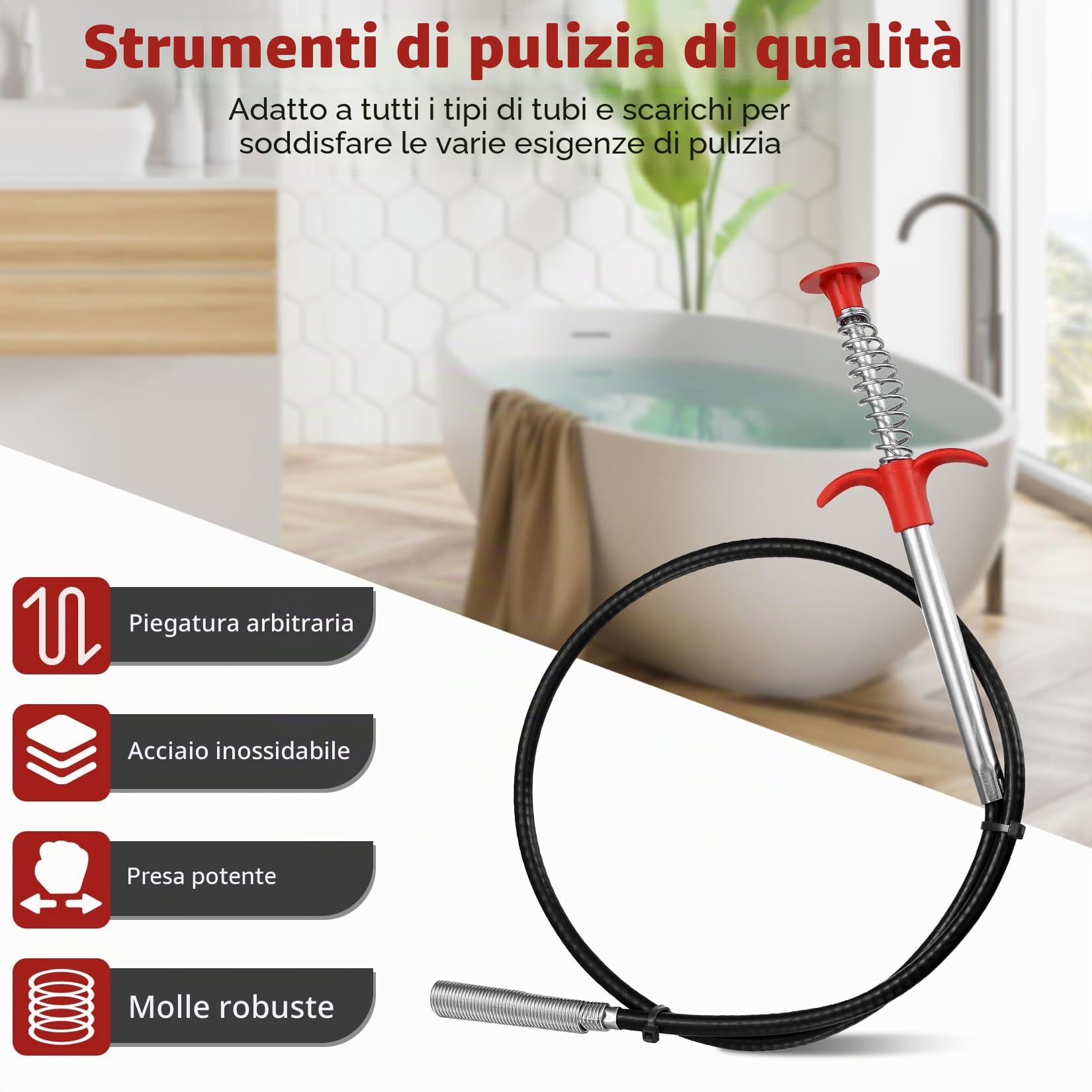 Pinze per Artigli Flessibili, 90cm Pinza Scarico, Stura Lavandini e Scarichi Spirale, Molla Sturatubi per Pulizia Scarichi Pulizia Tubi Lavandino Bagno Cucina Lavandino Fogne (90 cm)
