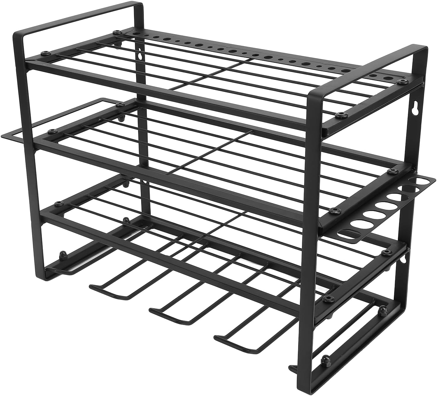 4 Tier Wall Mount Tool Organizer, Heavy Duty Metal Drill Storage Rack with Hammer Pliers Holder for Garage Workshop Organization