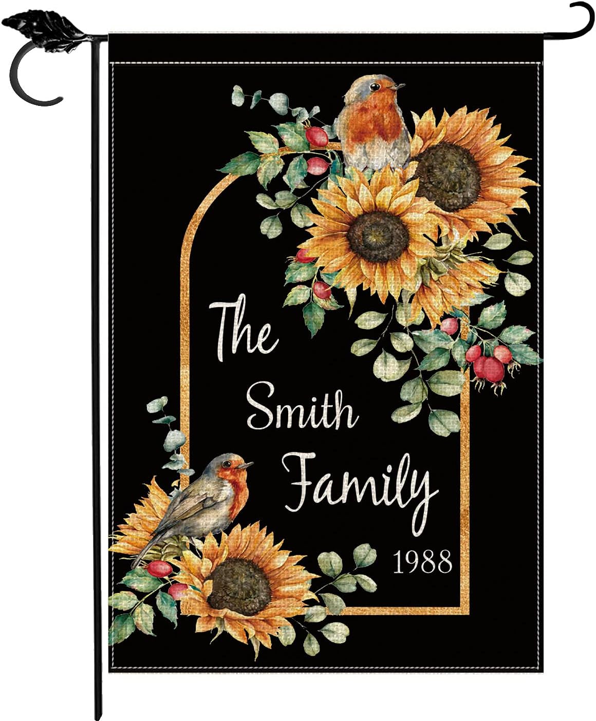 Smile Personalized Fall House Flag, Sunflowers Bird Customized Family Last Name, Double Sided 28 x 40 Inch Rustic Farmhouse Burlap Yard Outdoor Decoration