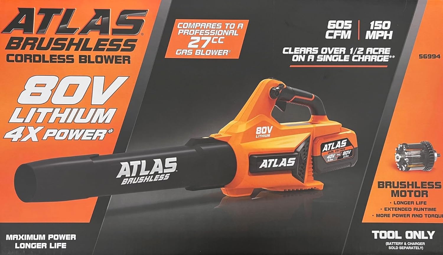Generic ATLAS 80V Brushless Cordless 150 MPH/605 CFM Blower - Tool Only, Orange
