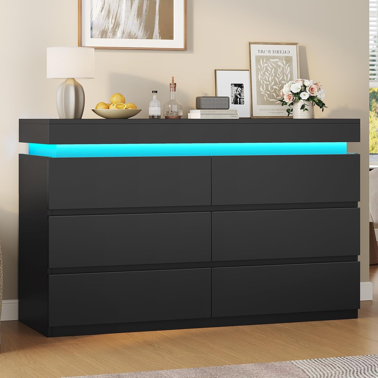 HAUOMS 6 Drawer Dresser with LED Light, Black Modern Chest of Drawers for Bedroom,Closet Dressers with Drawers for Living Room, Entryway, Hallway