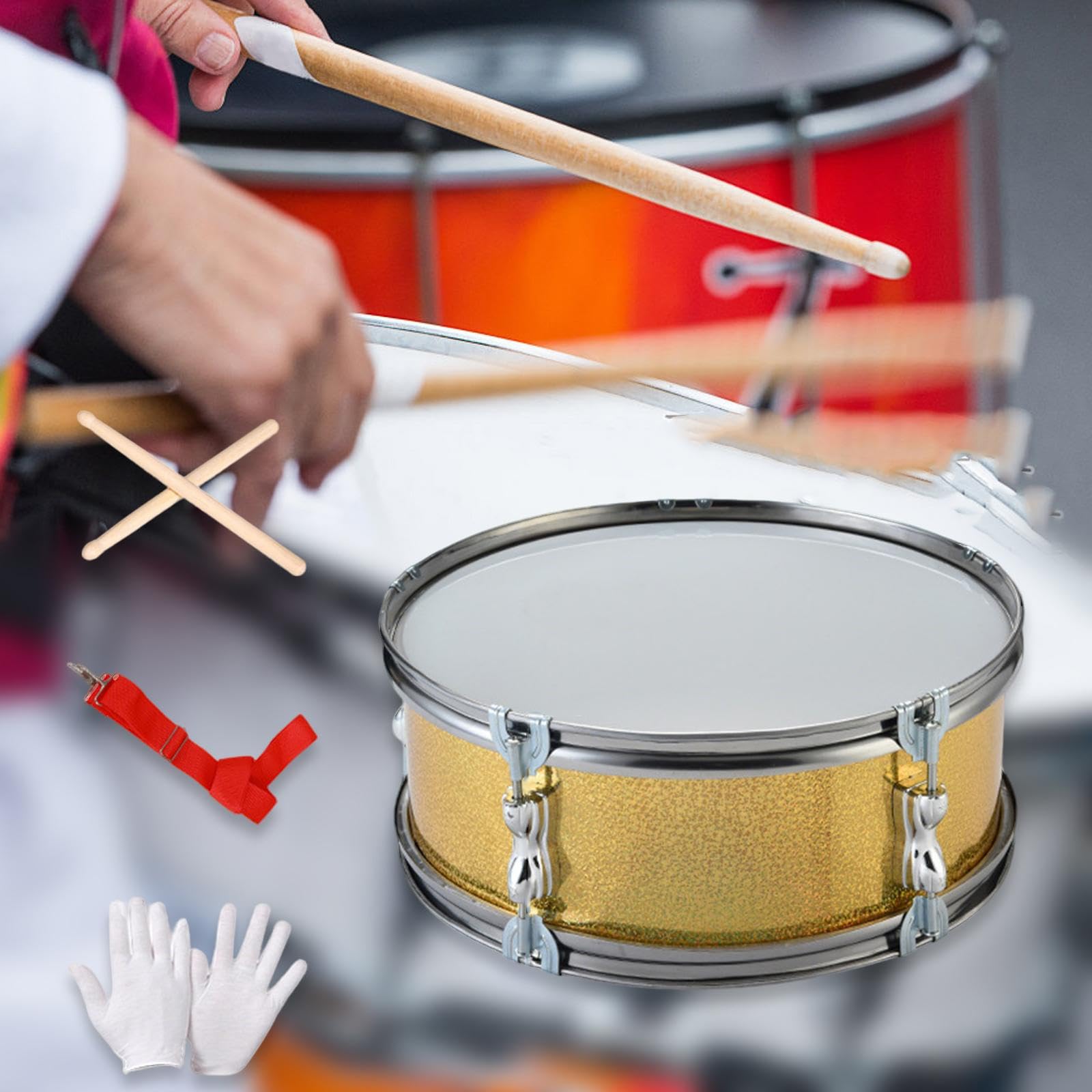Rullante Monotono Pollici con Tracolla, Bacchette, Guanti E Tamburo - Tamburo a Cornice per Musica Tradizionale- D'oro