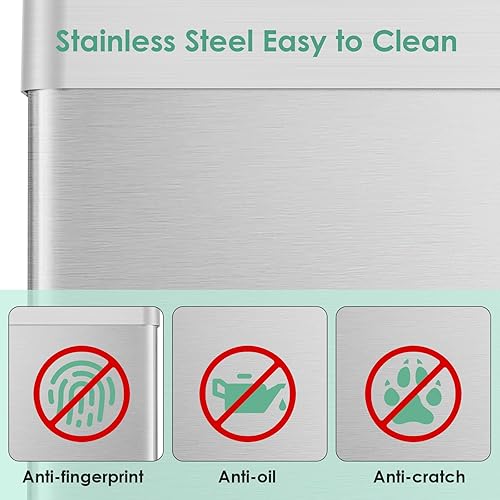 Miniatura 7 de Arlopu Cubo de basura automático, cubo de basura de acero inoxidable con sensor de movimiento, sin contacto, con tapa de cierre suave, luz de