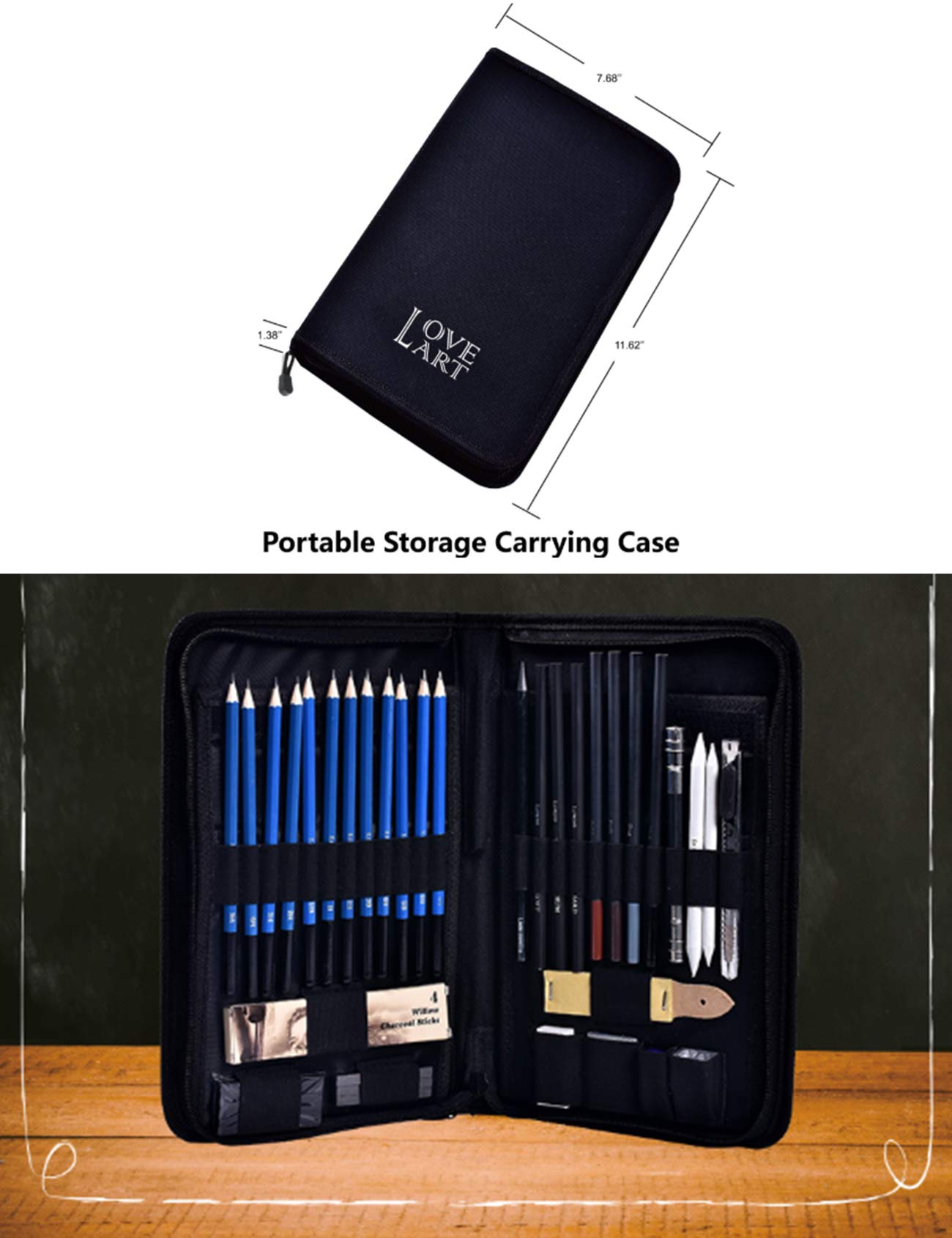 Bestgift Ensemble d'artiste 40 pièces avec Etui de Transport pour Artiste, Etudiant, Enseignant ensemble de croquis de fournitures de dessin Noir Jeu de croquis