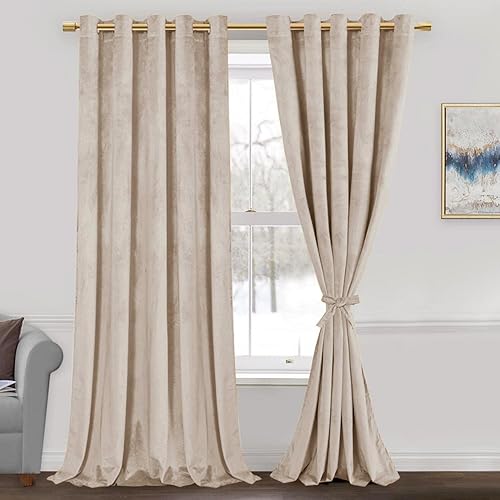 JIUZHEN Cortinas de terciopelo beige de 84 pulgadas de largo para sala de estar, con aislamiento térmico, para oscurecer la habitación, con ojales y