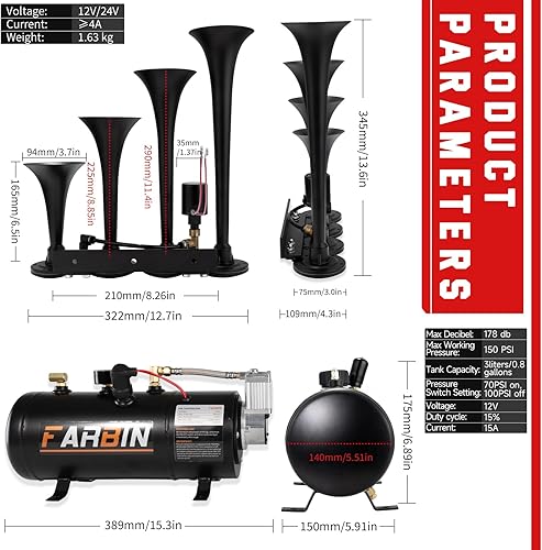 Miniatura 6 de FARBIN 178DB - Bocina de aire de 4 trompetas potente, con tanque de aire de 150 PSI, tipo tren, con compresor de aire 12 V, para camiones, Jeep, SUV