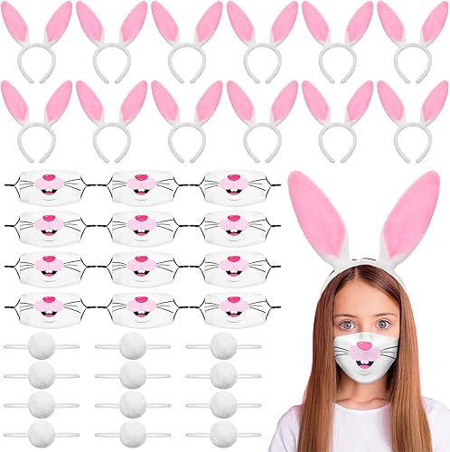 Juego de 36 accesorios para disfraz de conejo de Pascua incluye diadema de orejas de conejo máscara facial de cola y conejo para niños disfraz de