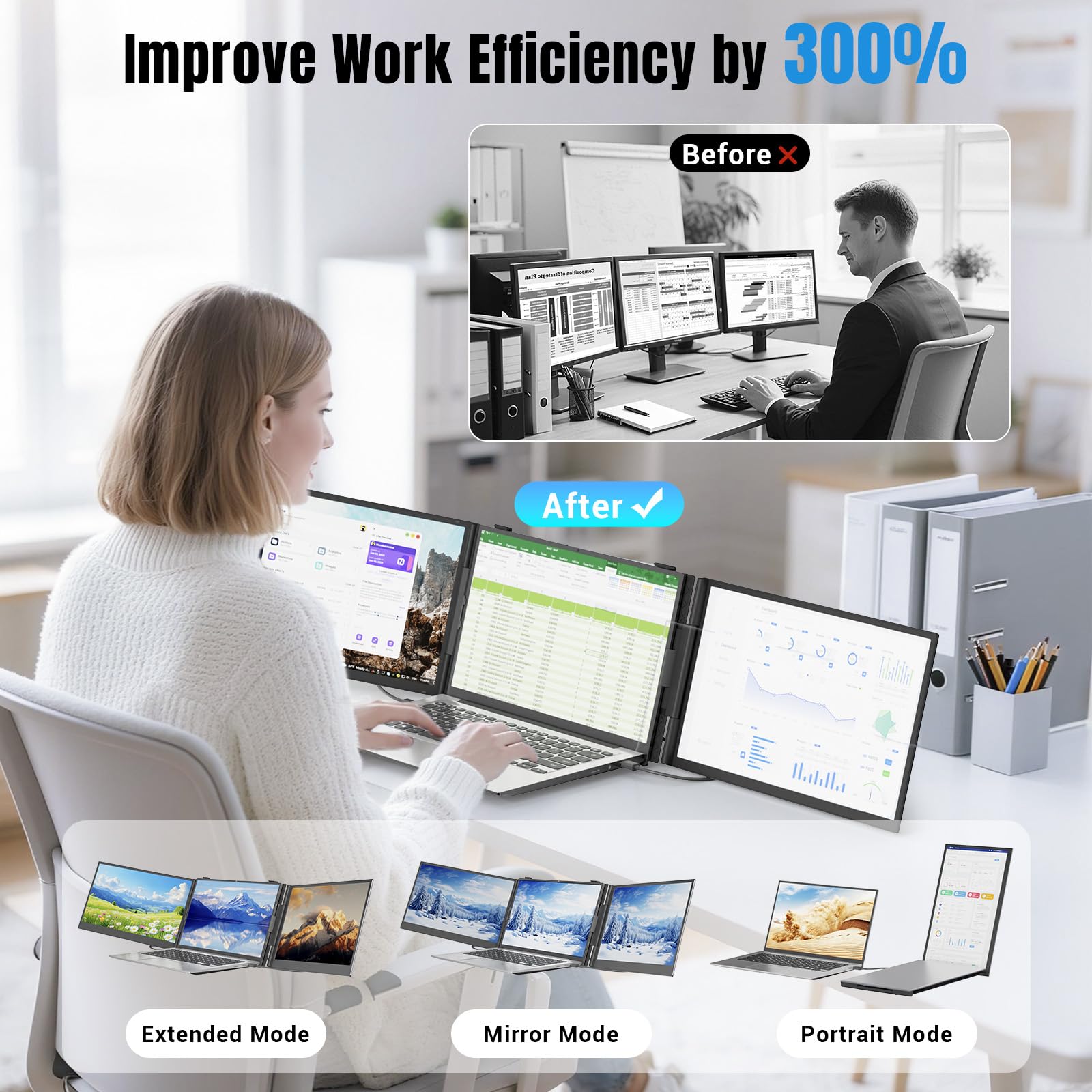 Ultra-dünner Portable Monitor for Laptop, 14” Triple Laptop Bildschirm Extender, 1080P FHD Laptop Screen Extender, ultraleichte Reisemonitore für 13,3-17,3” Laptops, kompatibel mit Windows/Mac