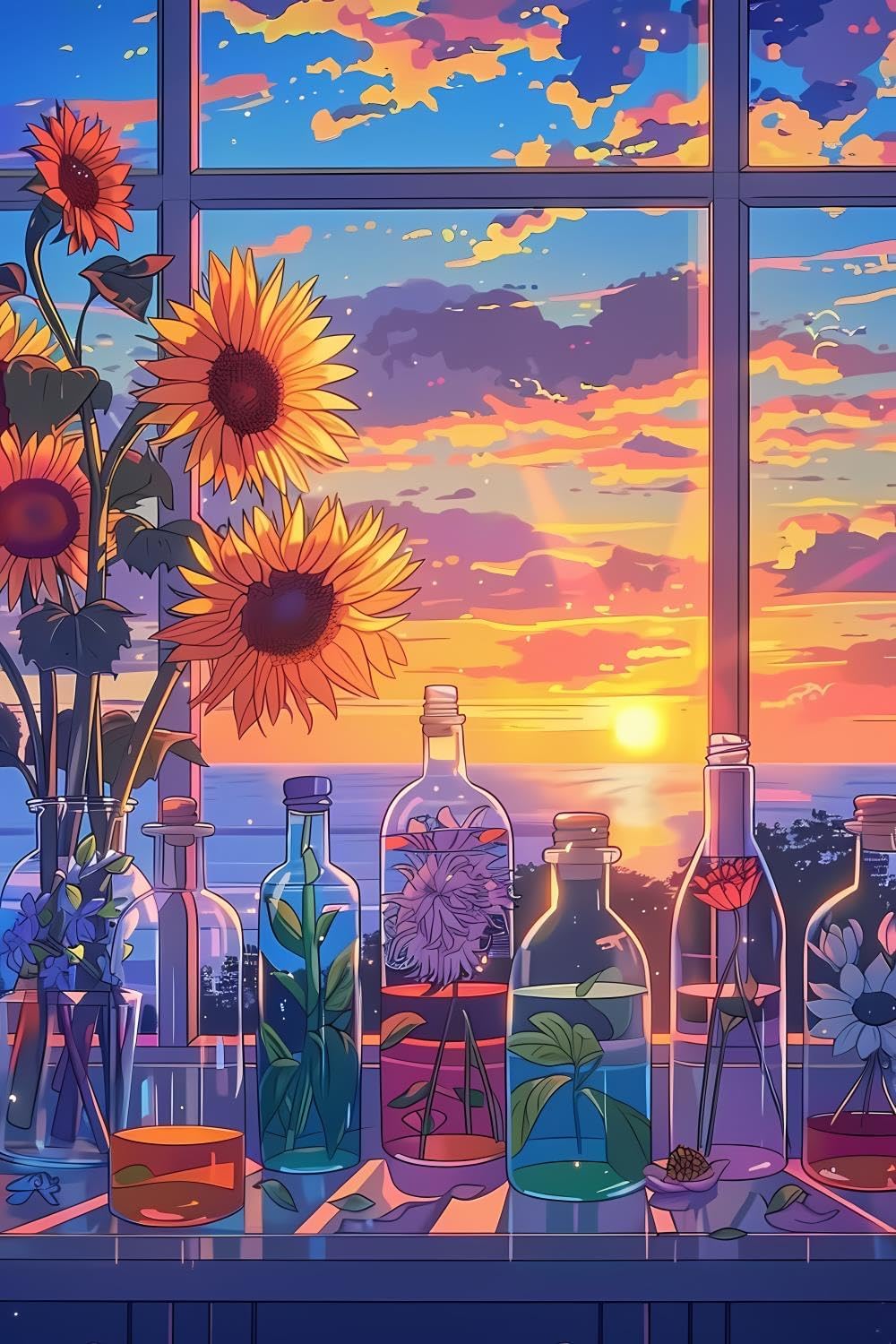 5D DIY Diamond Art Kits for Adults, Sunflowers in Glass Vases with Colorful Floral Diamond Painting Sunflower Full Round Diamond Craftwork for Beginners Gem Art Home Wall Decor Gift 12x18 inch