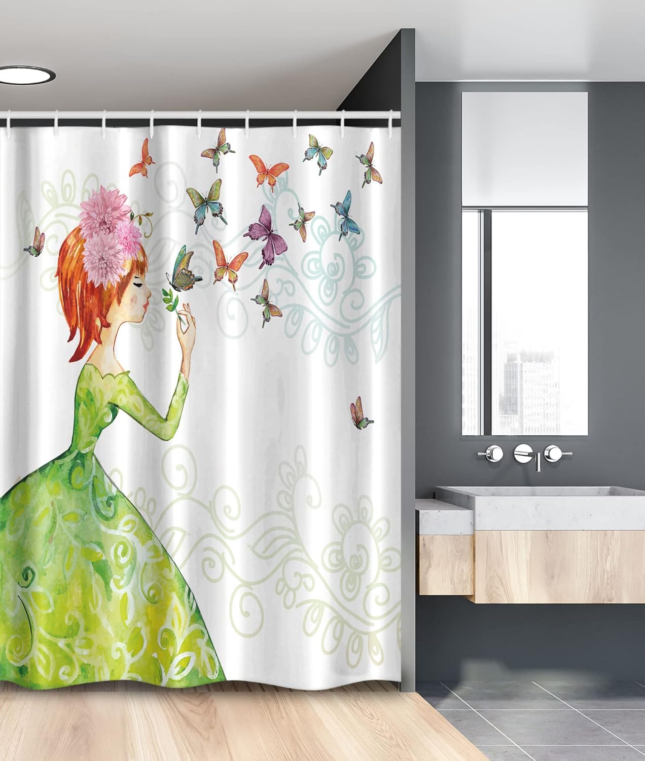 Ambesonne Butterfly Stall Shower Curtain, Floral Lady in Green Dress Leaf Ornaments Flower Pastel Winged Bug, Fabric Bathroom Decor Set with Hooks, 54" W x 78" L, Pink Orange Green