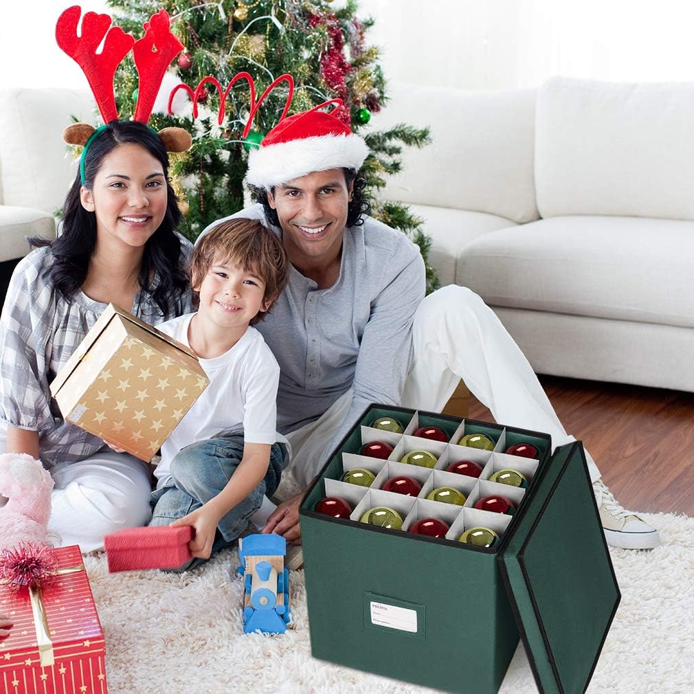 ProPik Christmas Ornament Storage Box, 4 Tier Holds Up to 64 Holiday Ornaments Decoration Balls, Storage Container with Dividers, Made with Durable 600D Oxford Polyester Material (Green)