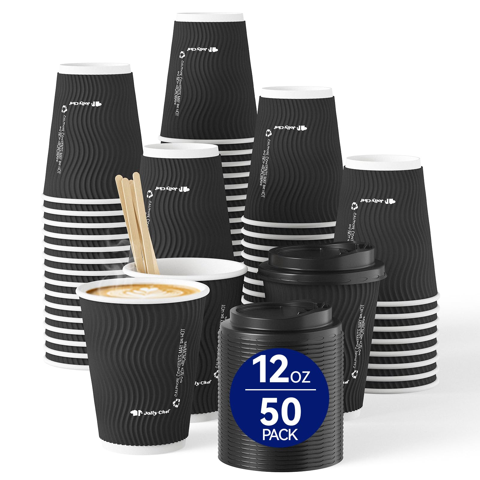 JOLLY CHEF 12oz Ripple Paper Coffee Cups with Lids & Stirrers 50 Pack