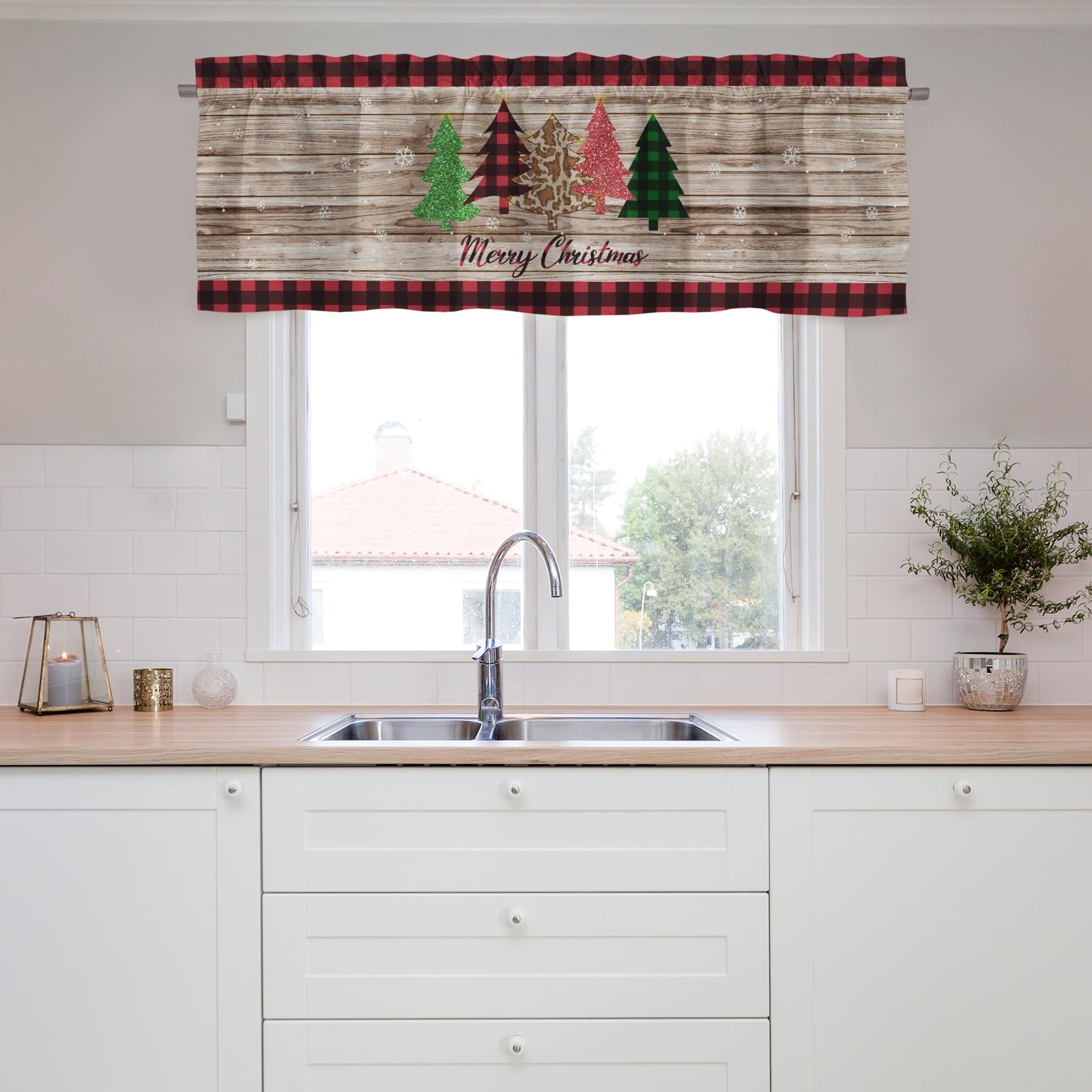 Merry Christmas Trees Valance Curtains,Window Valance Short Curtains,Blackout Curtain Valances ,Rod Pocket Valance for Window,Farmhouse Country Window Curtains for Kitchen Bath Bedroom Living Room
