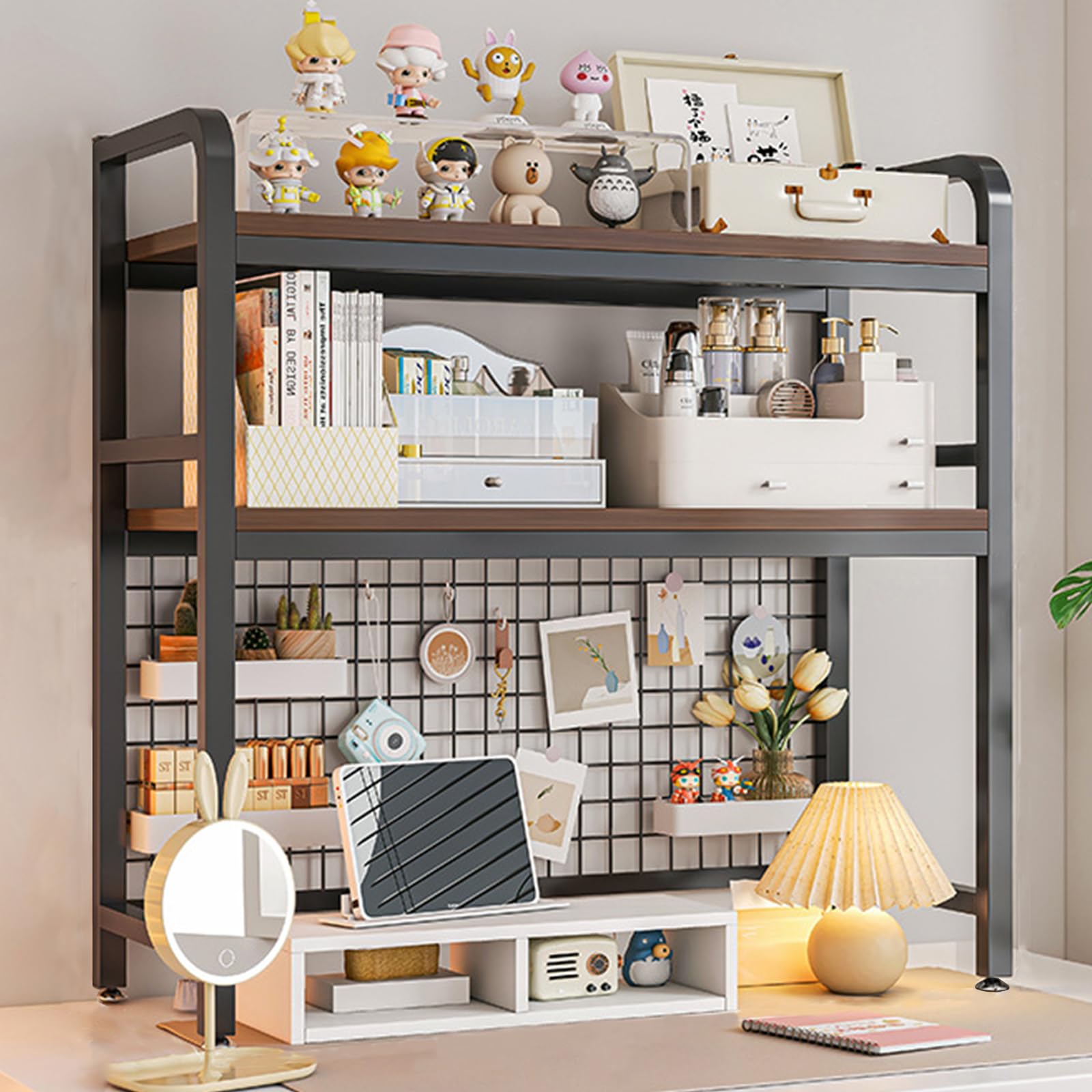 Libreria da scrivania a 2 animali, per computer, scrivania in legno, con organizer multifunzione a rete metallica (75 cm di larghezza)