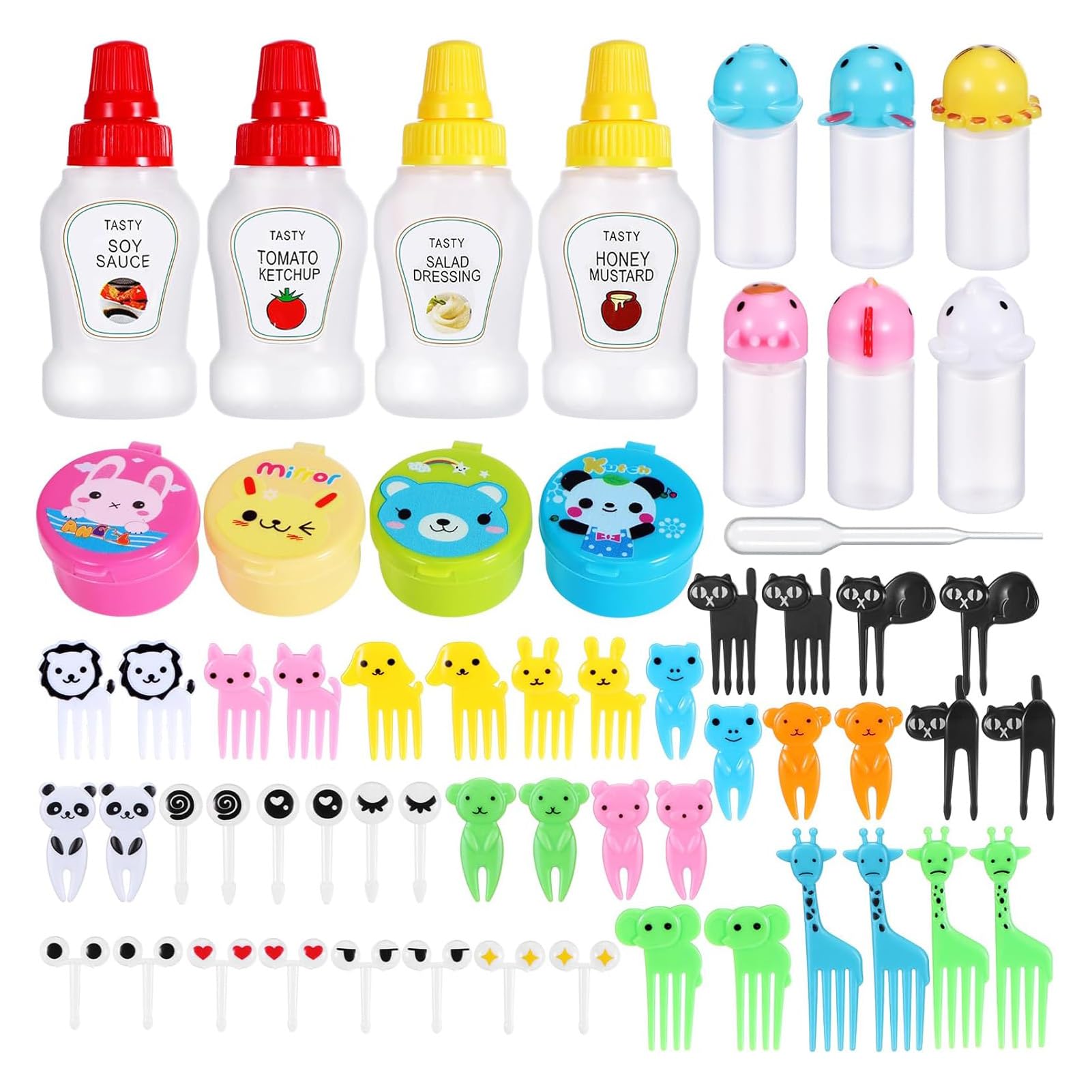 U-HOOME 8 Pcs Mini Condiment Squeeze Bottles Ketchup Squeeze Bottles with 36 Pcs Animal Food for Kids Mini Sauce Bottle Salad Dressing Container for Camping School Bento Box Accessories (select 2)