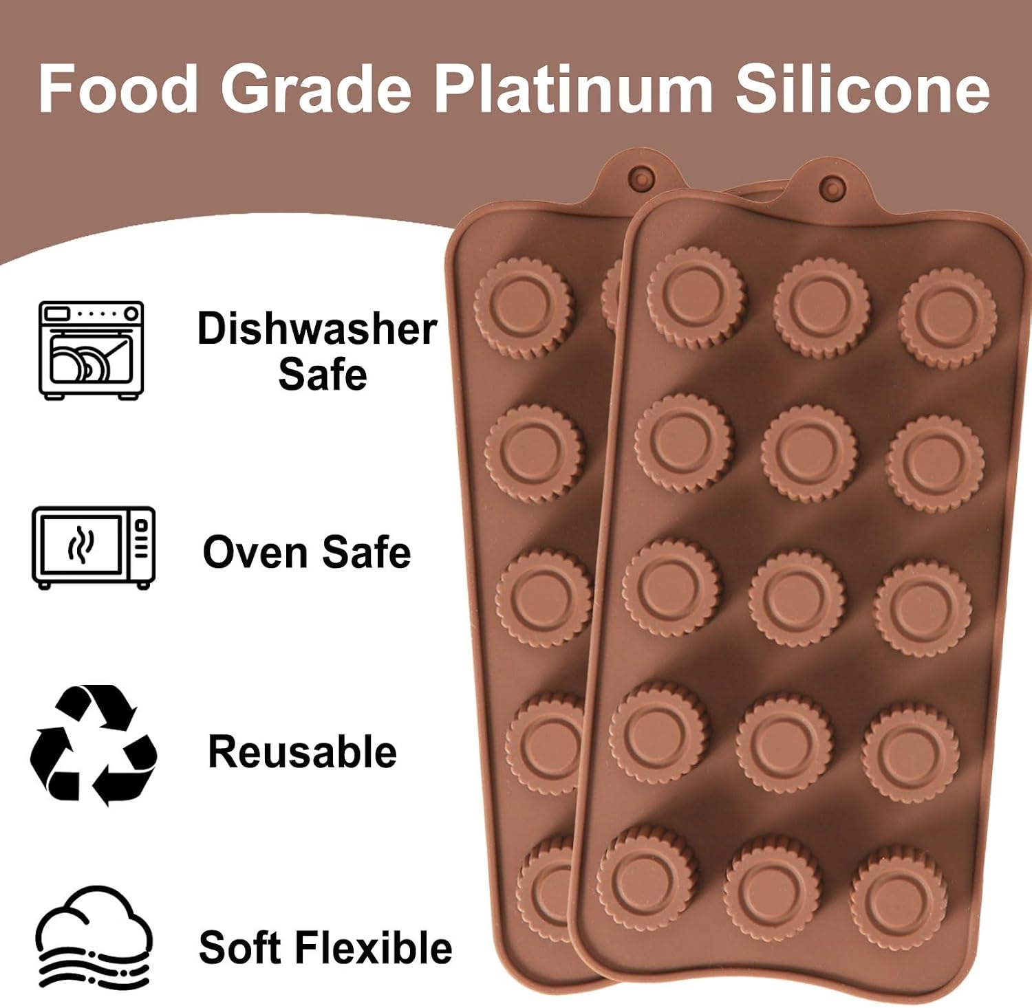 Mini Peanut Butter Cup Mold Silicone, 2 Pcs Bite-Size Chocolate Molds for Keto Fat Bomb, Cordial, Dark Chocolate, Brownie | Food Grade Candy Mold with 15 Cavities, Each Cavities Holds 0.2 oz