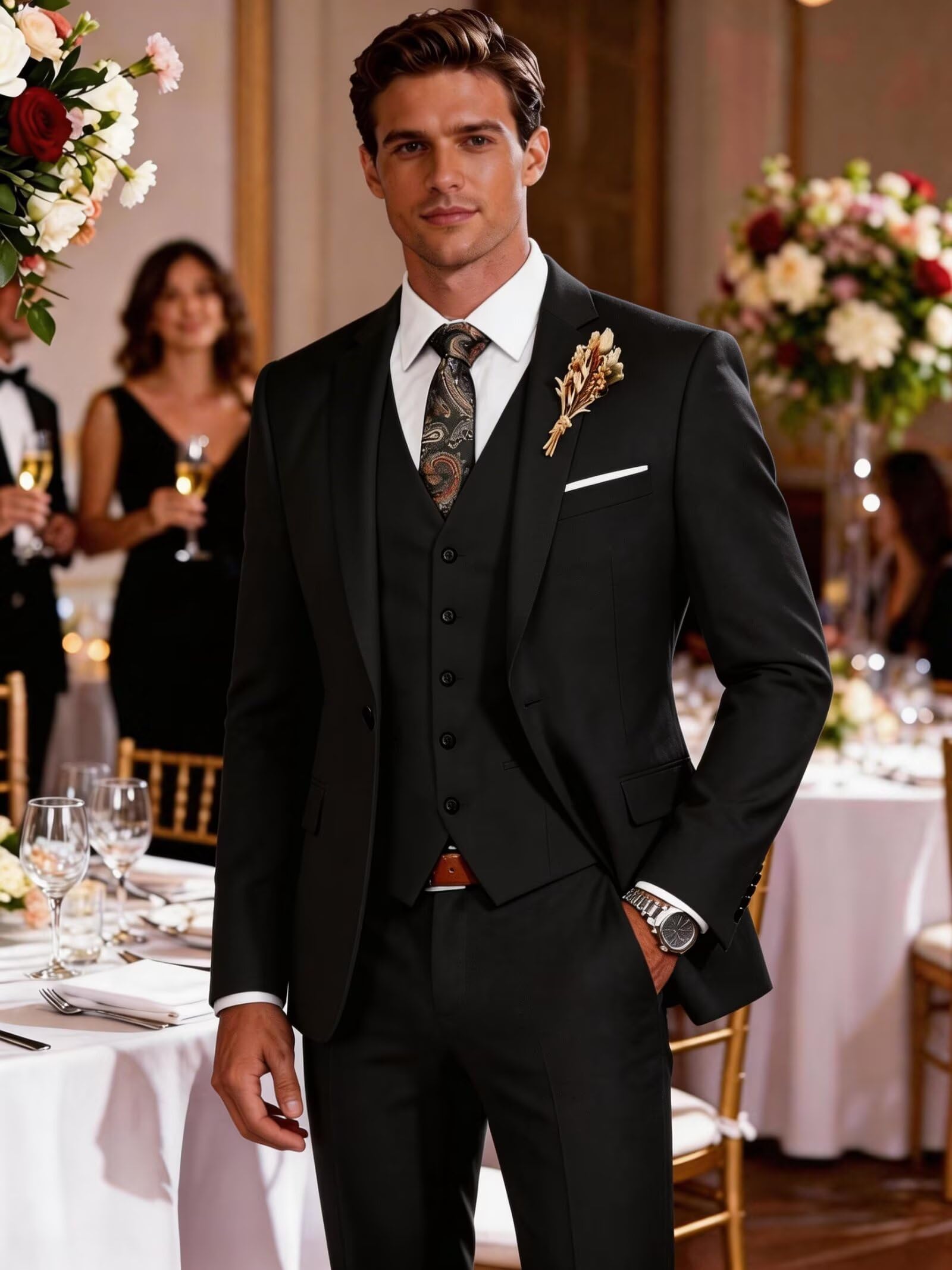 Wangyue Costume 3 pièces pour homme, coupe ajustée, style formel/professionnel pour mariage, bal de promo et dîner