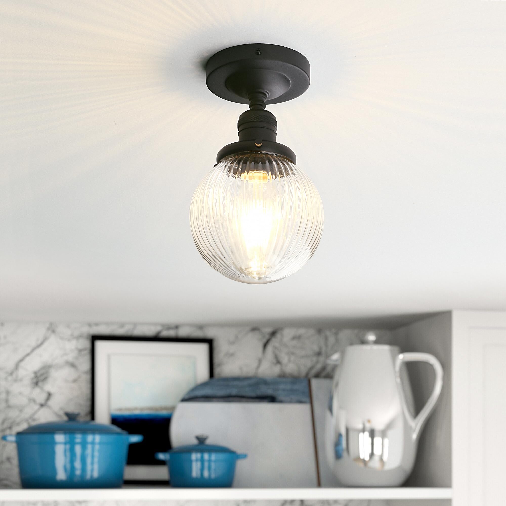 Pathson Plafonnier Industriel Vintage Luminaire E27 Rétro Lustre Suspension Abat-jour en Verre Globe Ø15CM Éclairage Plafond Pour Salon Cuisine Chambre (Noir)