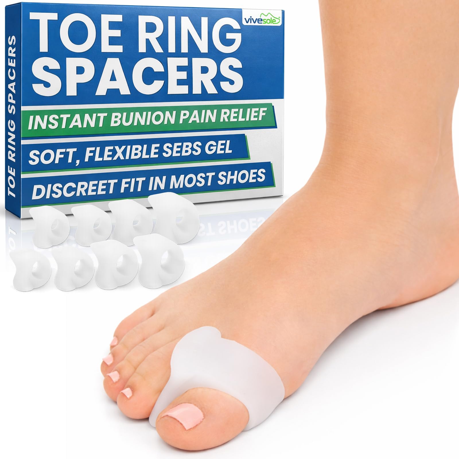 VIVEsole Toe Spreaders for Feet (8 Pack) - Silicone Spacers for Women & Men - Gel Separators for Bunions, Overlapping Toes, Pain Relief - Orthotic Dividers for Athletes, Alignment & Corrector