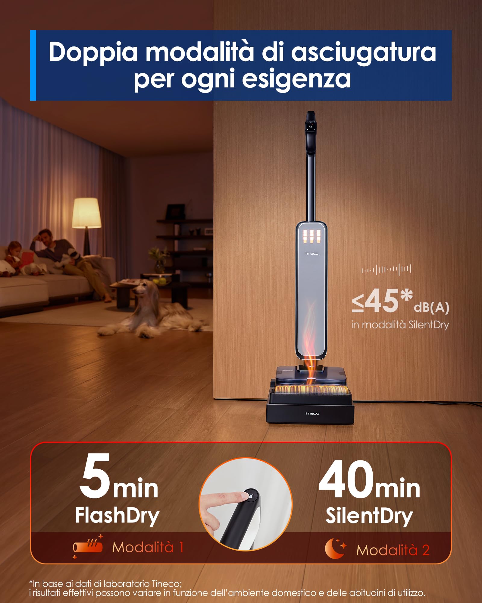 Tineco FLOOR ONE S9 Scientist Lavapavimenti Senza Fili, Aspirapolvere Smart 3-in-1, Asciugatura Rapida 85°C FlashDry, Autonomia 80 Min, Lay-Flat 180° per Sotto i Mobili, SmoothDrive 360°, Display LED