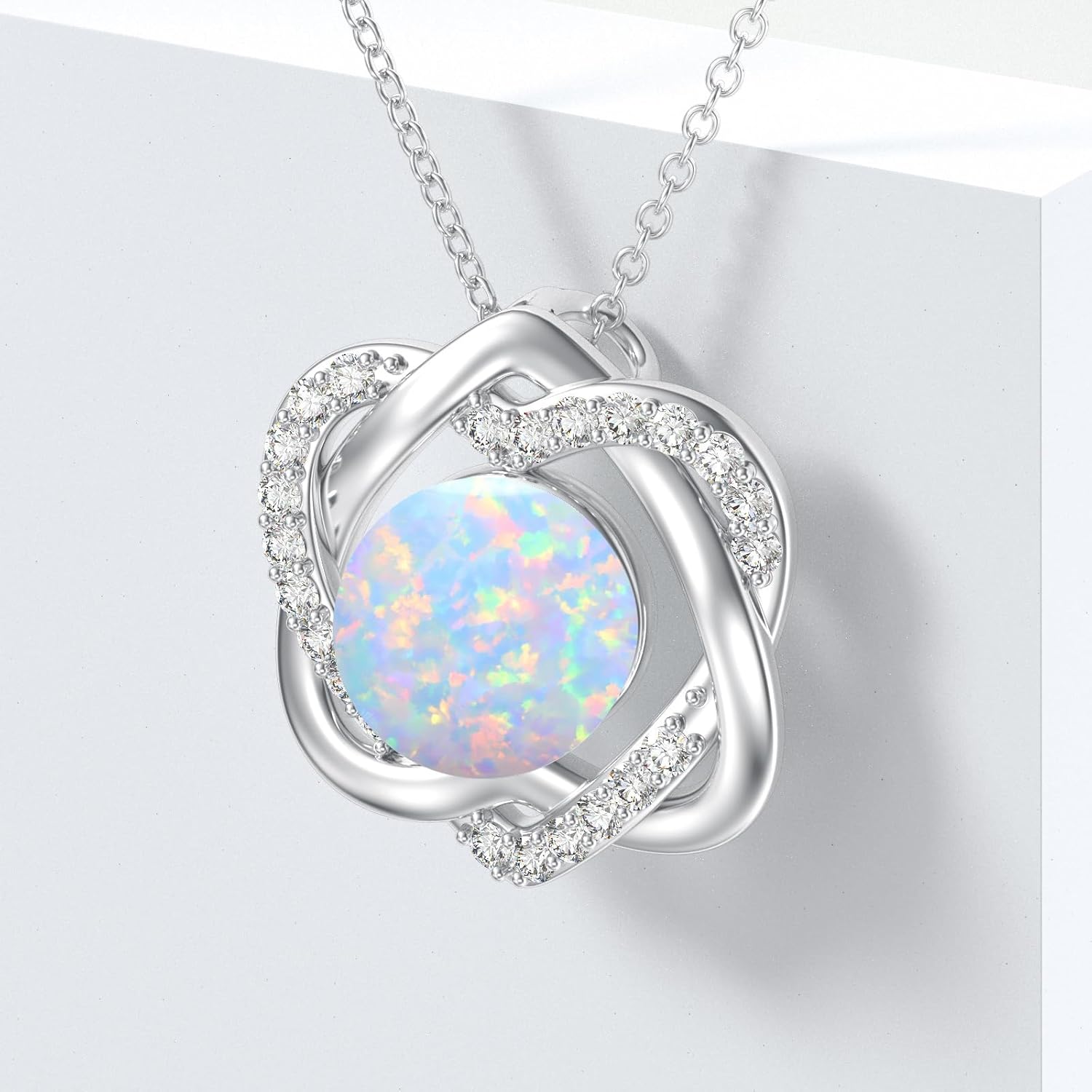Opal Heart Necklace, Interlock Heart Pendant Necklace for Women Platinum Plated Silver White Opal Pendant October Birthstone Jewelry, 18''-20'' - Image 4