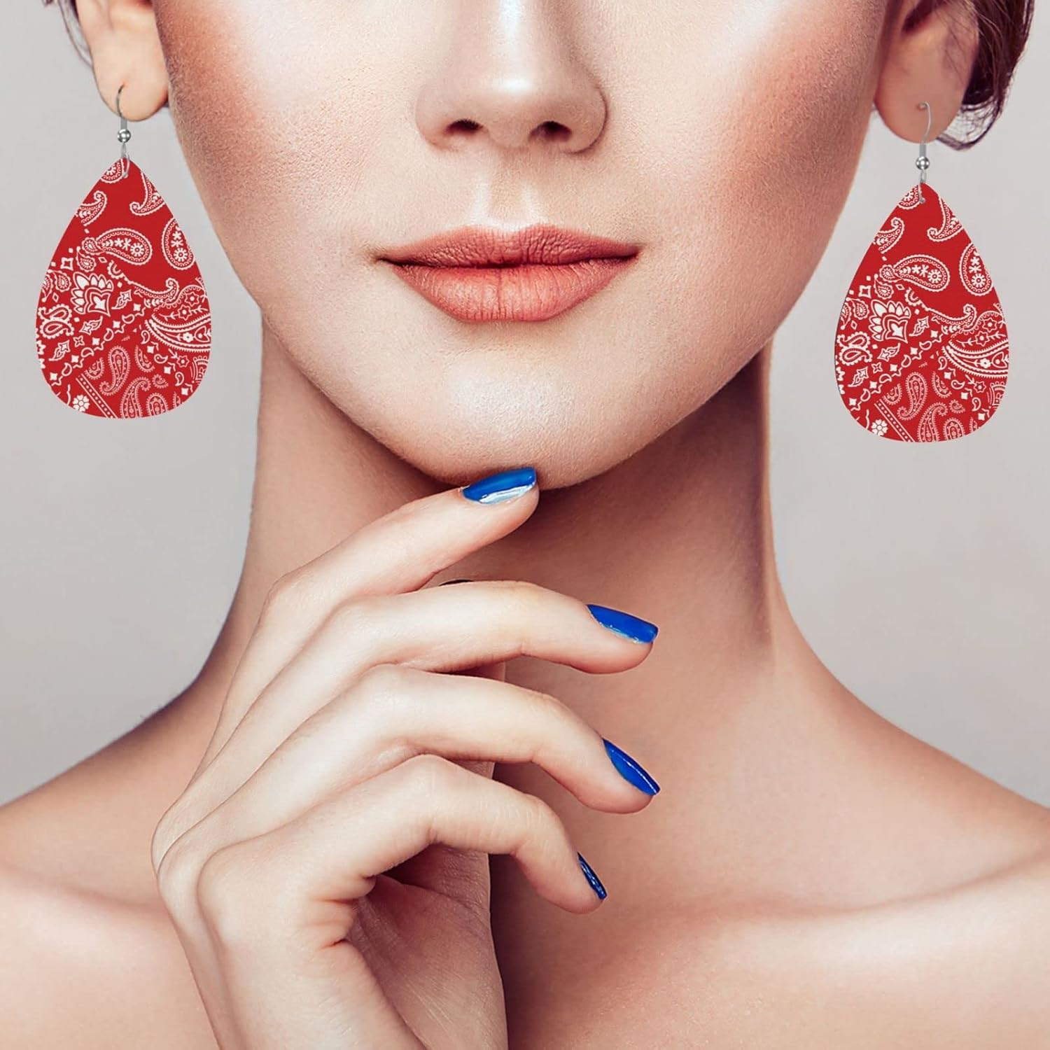 Red Bandanna Paisley Faux Leather Teardrop Earrings for Women Drop Dangle Earrings - Image 9