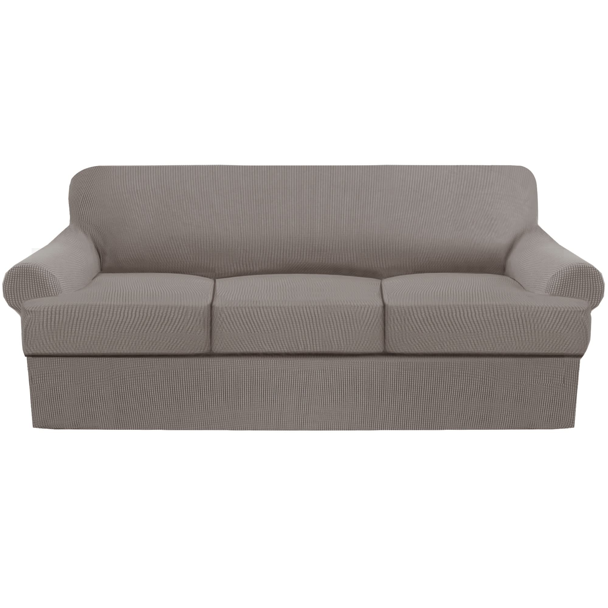 GAMUKAI Premium T-Cushion Sofa Slipcover – 4-Piece Set for T-Cushion Couches (Fits 72"-90") – Soft, Washable Furniture Protector with 3 T-Shaped Seat Covers (Taupe, Sofa)