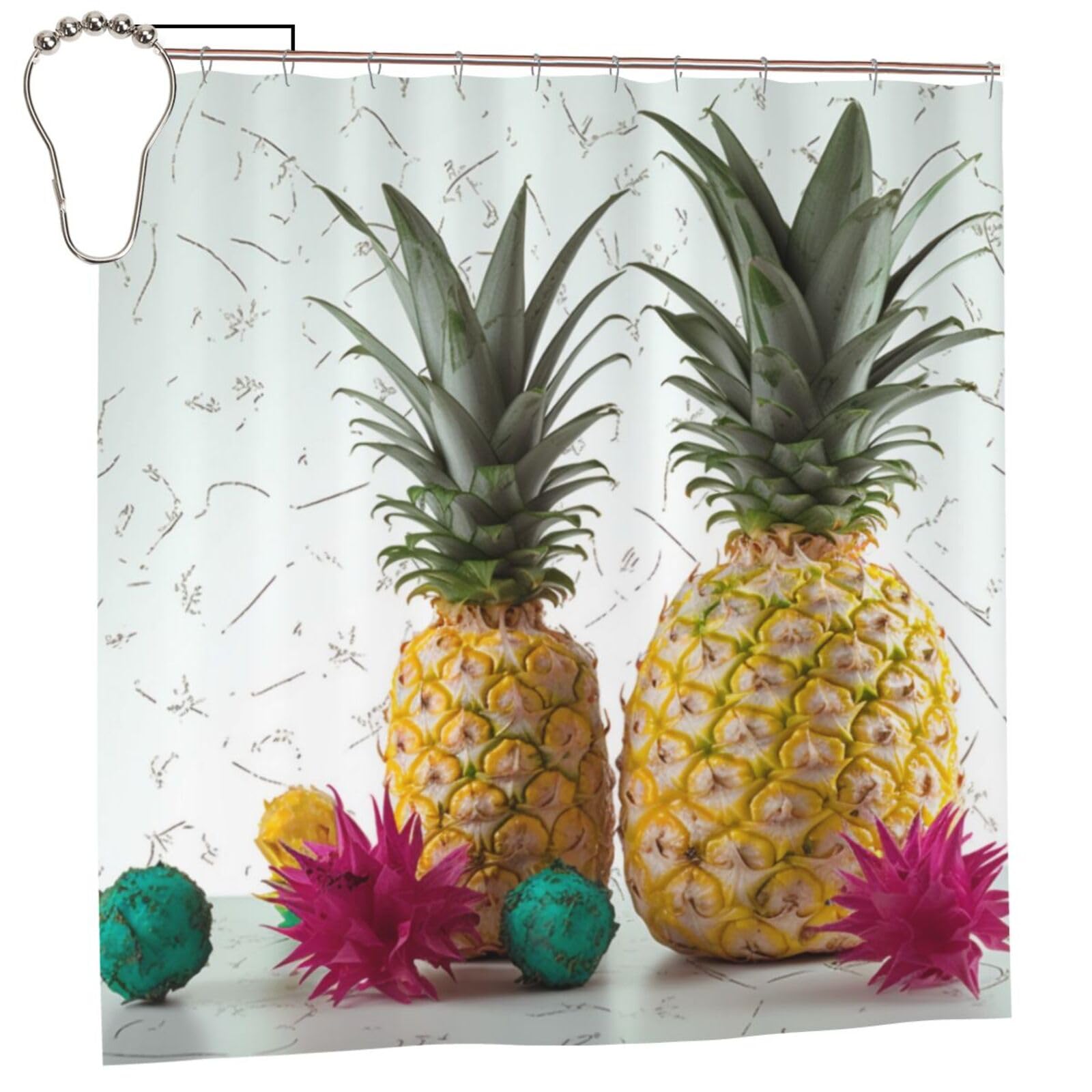 BWWHCCTI Tropical Pineapple Printed Shower Curtain With 12 Iron Hooks Opaque Quick Drying Waterproof Shower Curtains Sets For Bathroom 183x183 CM