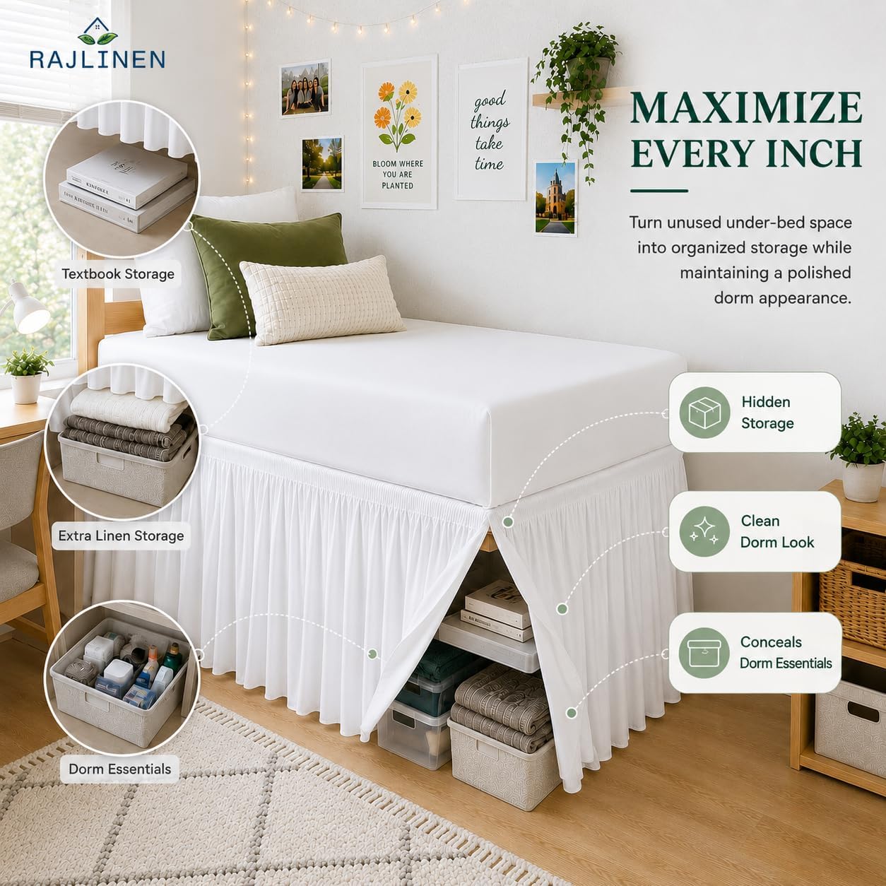 Rajlinen Extra Long Dorm Bed Skirt, 46" Tailored Drop Dust Ruffle, 100% Microfiber, Wrinkle-Resistant, Easy Fit College Bedding Essential Perfect for Lofted Beds, Twin XL, White