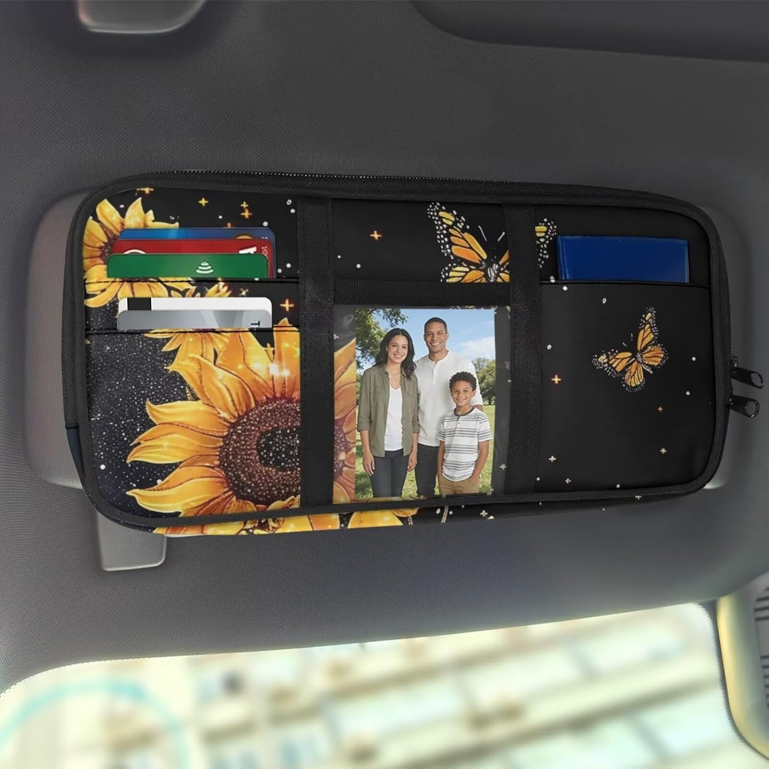 Sunflower Sun Visor Organizer Small Auto Interior Visor Storage Pouch Holder with Zipper Auto Sunshade Organizer Bag, Multi-Pocket Sunvisor Storage Fashion Car Accessories image 3