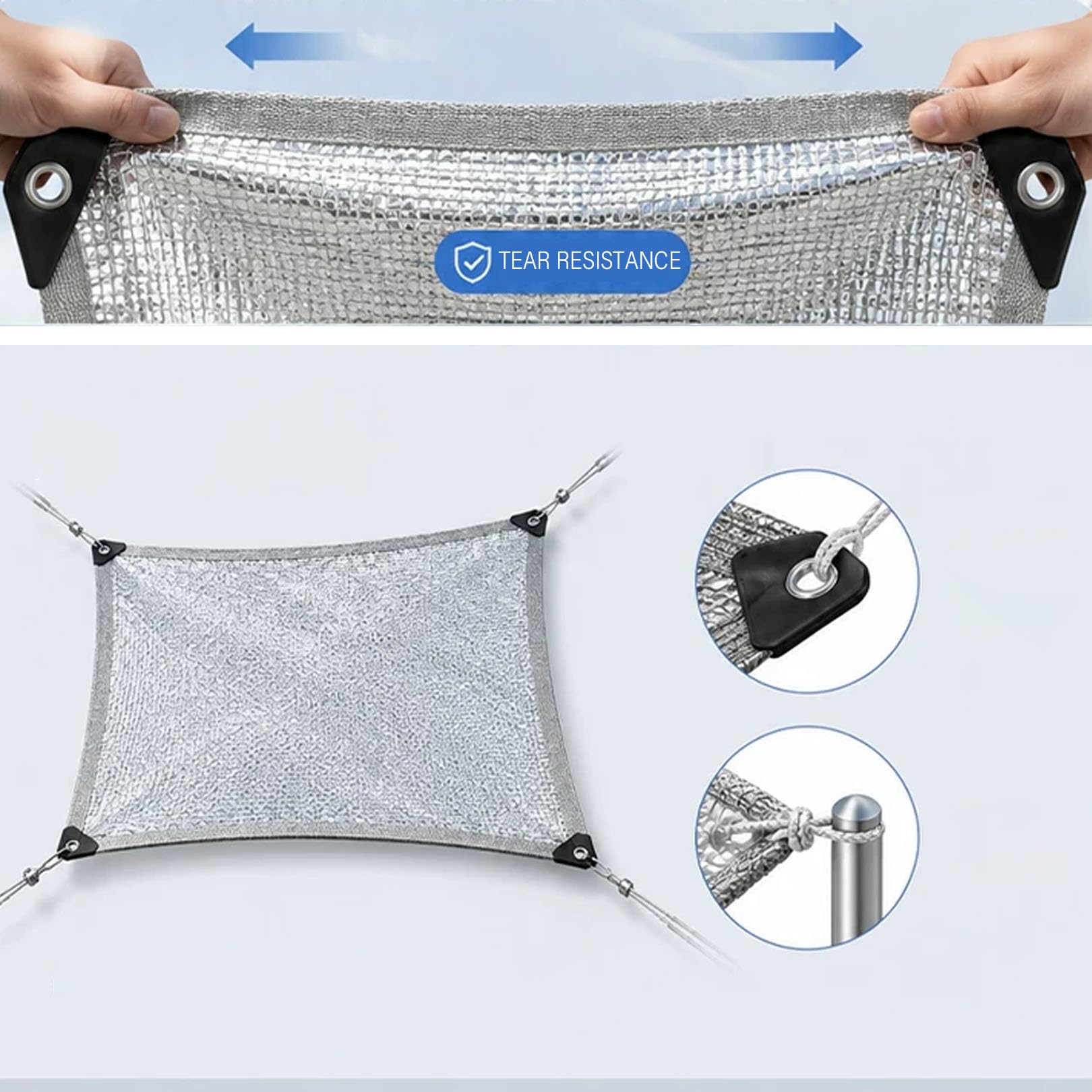 Tela reflectante de aluminio e UV de 5 x 5 m, transpirable, con ojales, para balcón, terraza, puerto, invernadero