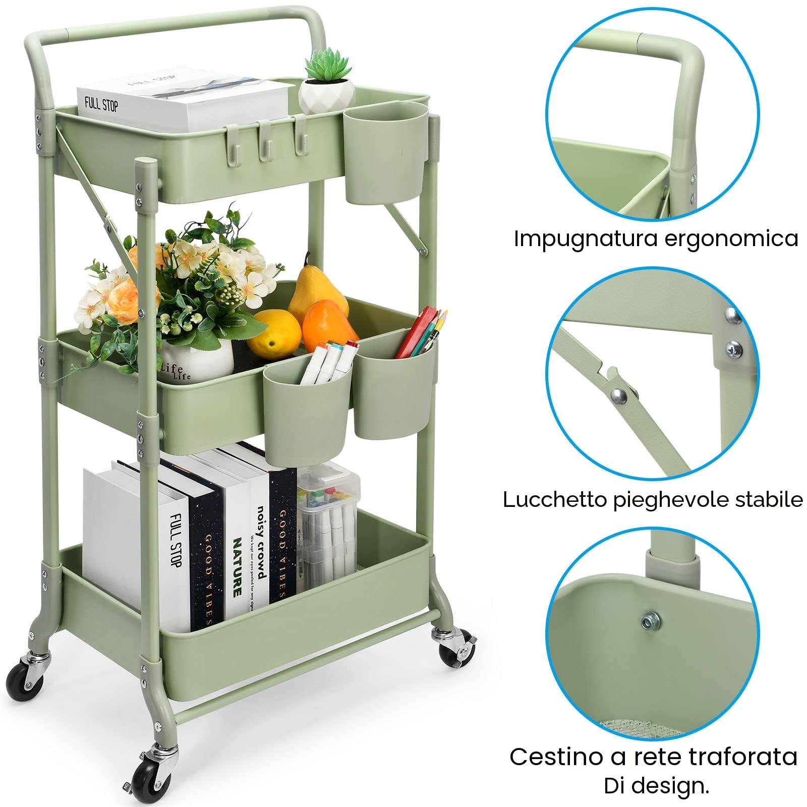 Carrello da cucina a 3 livelli, carrello da servizio, pieghevole in metallo, scaffale su ruote, scaffale, organizer da cucina, carrello pieghevole multiuso per cucina, bagno, ufficio (verde)