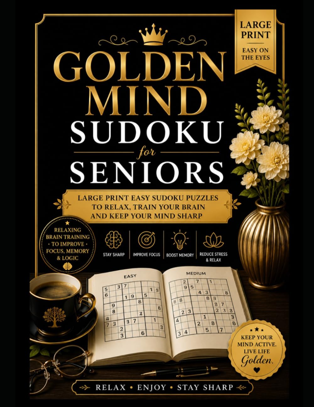 Golden Mind Sudoku for Seniors: Large Print Easy Sudoku Puzzle Book for Adults & Seniors | Relaxing Brain Training to Improve Focus