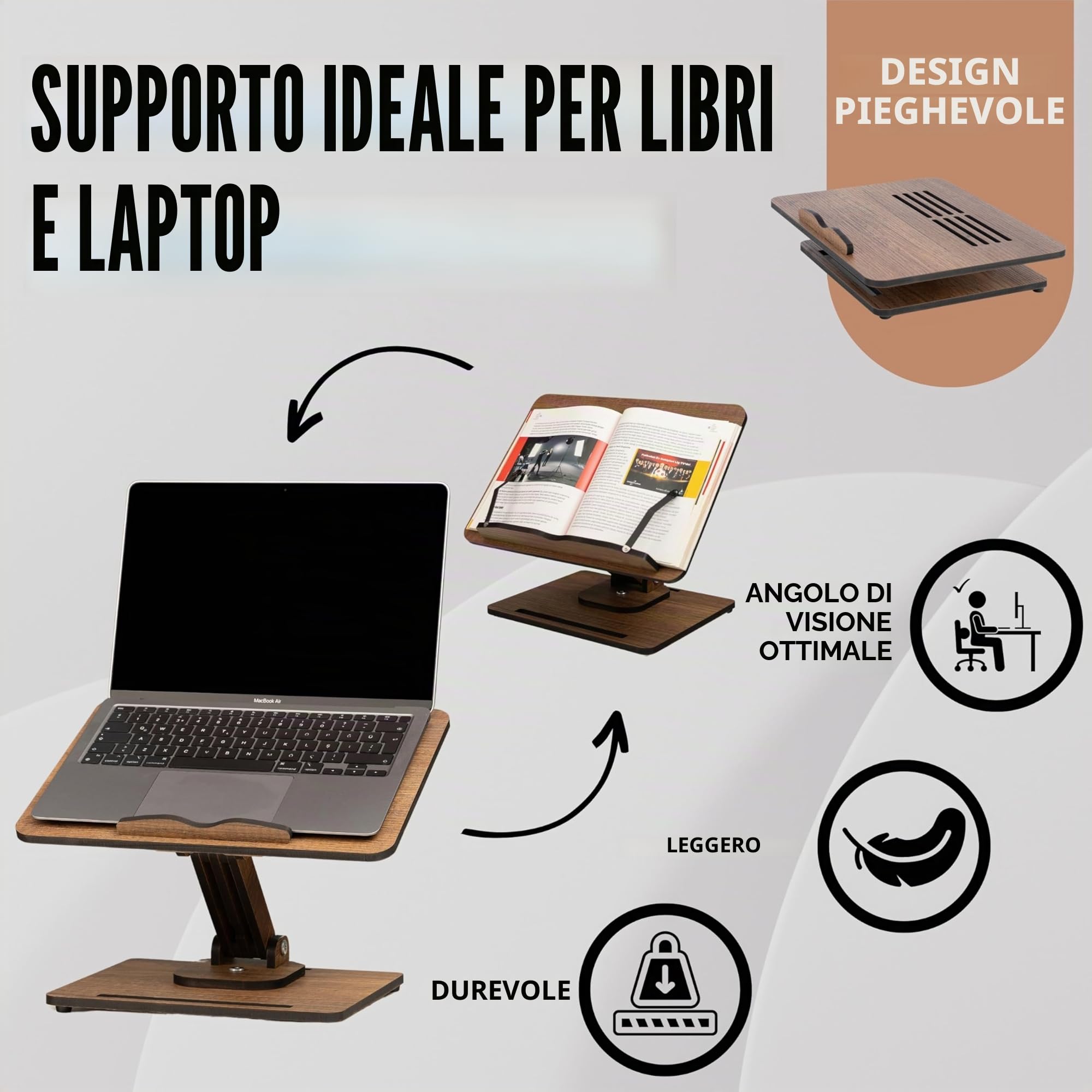 Vigo Wood Supporto per Libri - Leggio in Legno Pieghevole e Supporto per Laptop - Regolabile, Pieghevole, Scaffale per Libri - Accessorio da Cucina e Ufficio per una Lettura e Lavoro Comodi