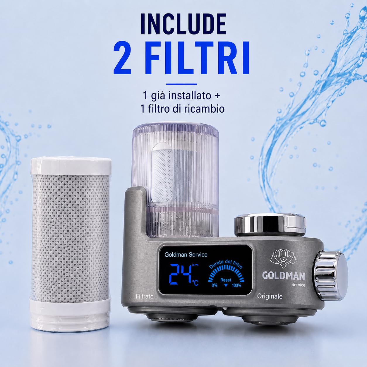 GOLDMAN SERVICE Filtro purificatore dell'acqua per rubinetto con display digitale, indicatore della temperatura in tempo reale, filtro di ricambio incluso e 6 adattatori universali