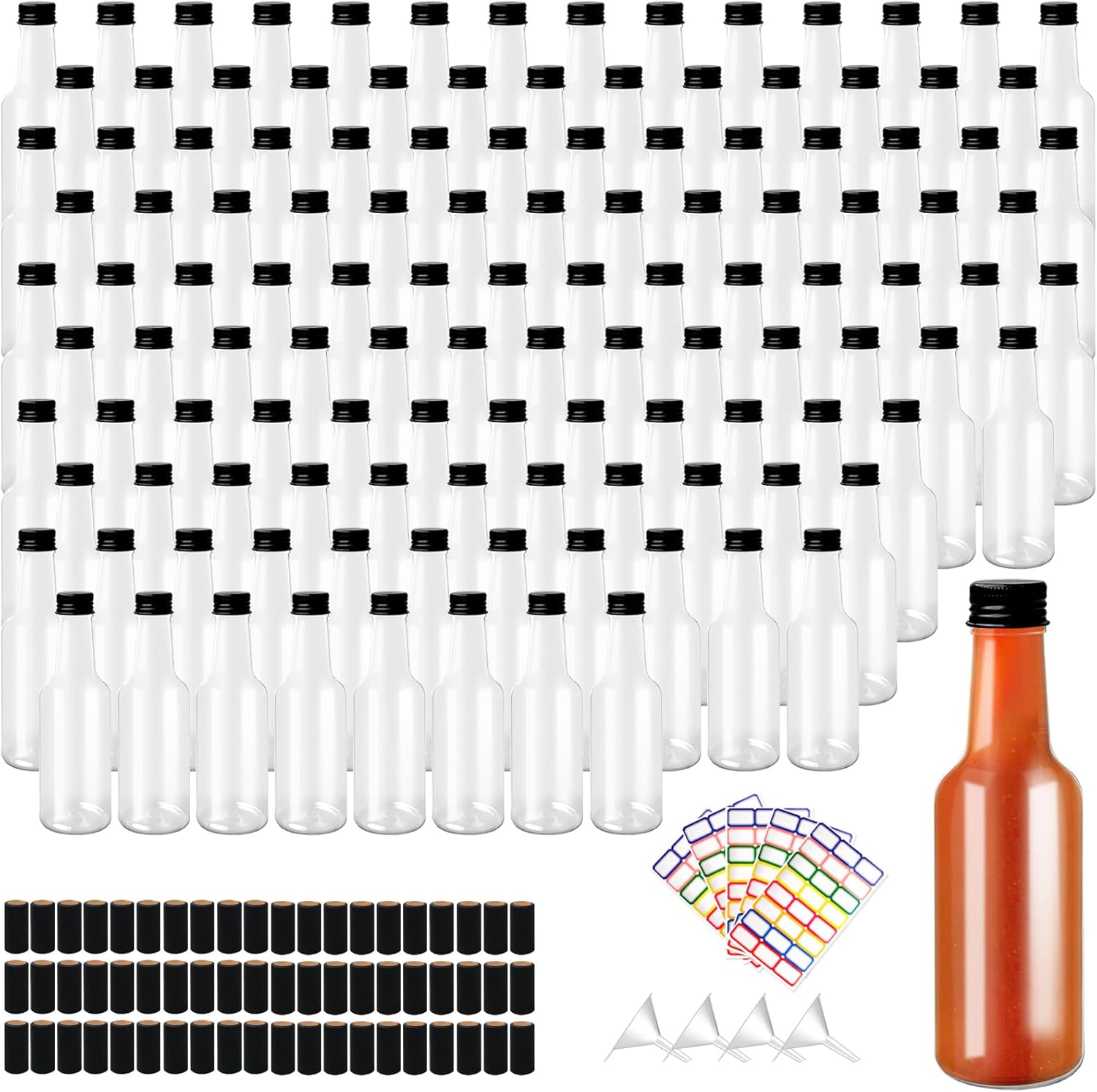 120 Pcs Hot Sauce Bottles with Leak Proof Black Screw Cap Small Plastic Wine Jars Clear Bottles Empty for Kitchen Sauce Salad Dressing Syrup Juice Whiskey (5 oz)