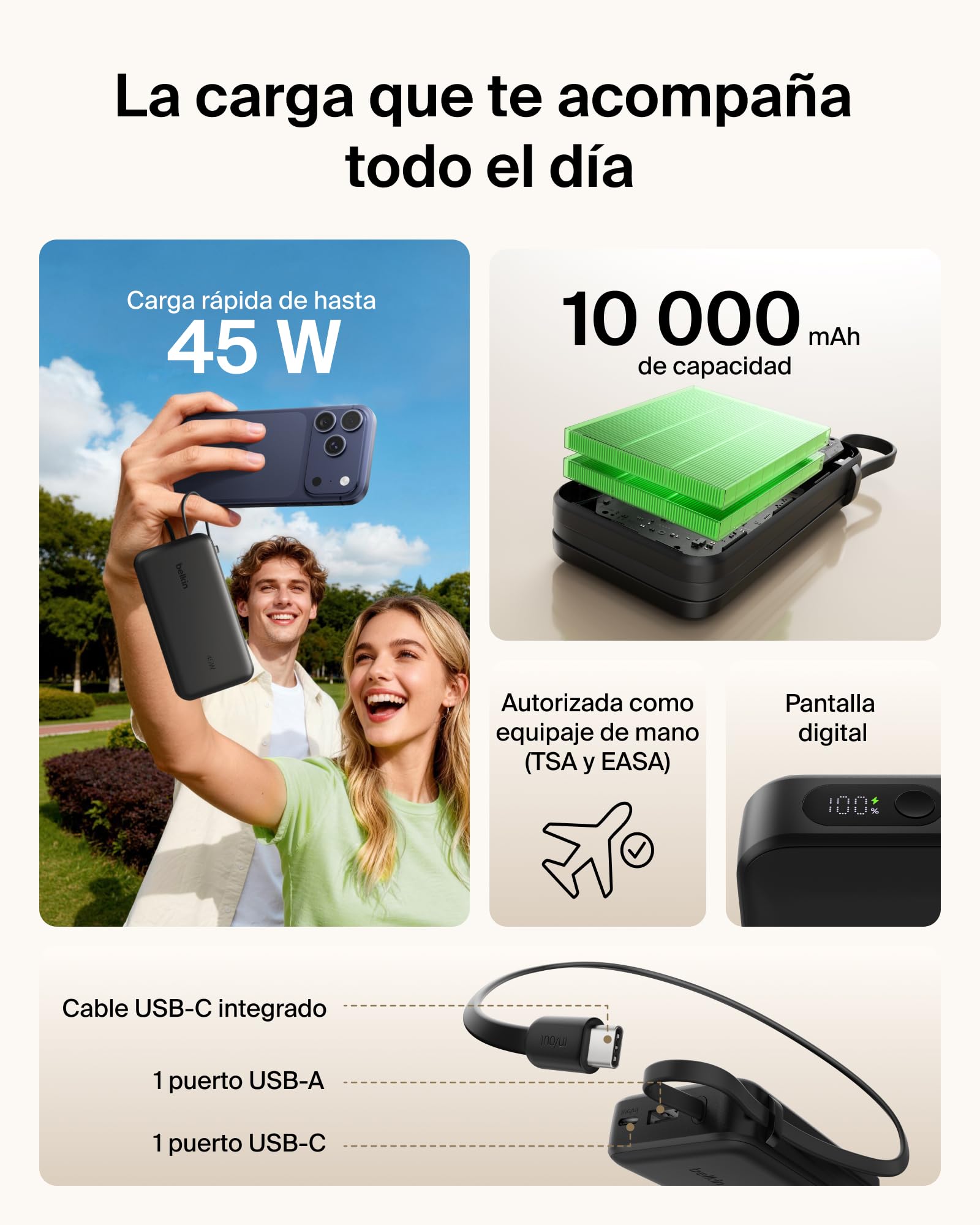 Belkin UltraCharge Batería Externa 10000mAh Cable USB-C y Pantalla - Negro | Power Bank de 10000 mAh, 1 Puerto y 1 Cable USB-C, 1 puerto USB-A, 45 W, LED, Apta como Equipaje de Mano y con Pantalla