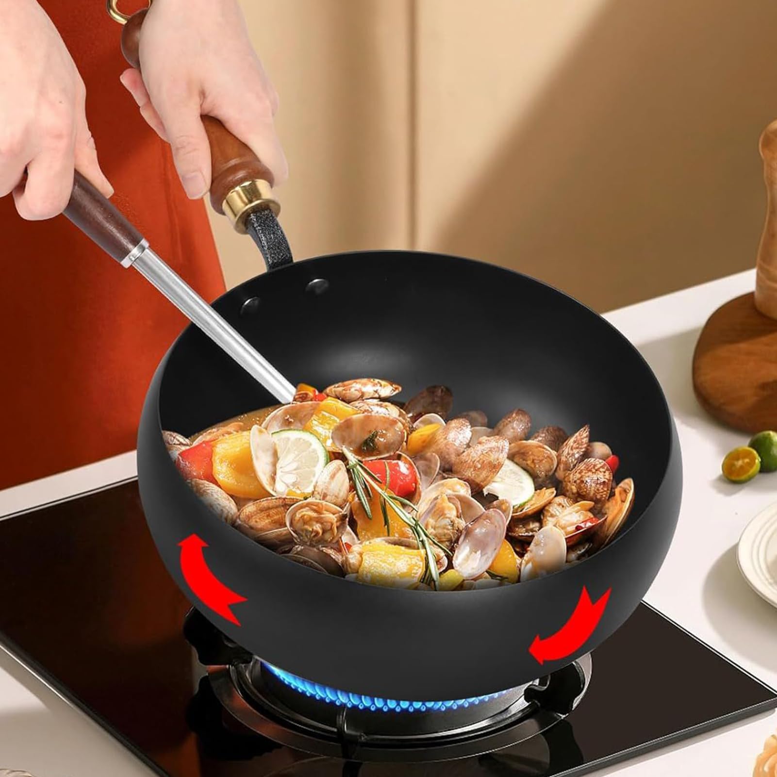 Antihaft Töpfe Kochgeschirr und Küchenhelfer Spatel mit Holzgriff | Küchen-Gusseisentopf Mit Deckel Herd Grill Camping Zuhause Restaurant Wohnung Suppe Fleisch Nudeln